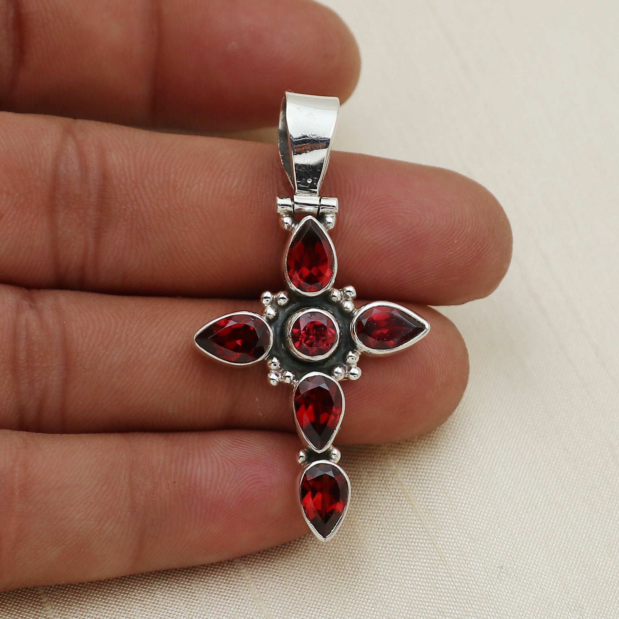 Sterling Silver Garnet Gemstone Cross Pendant