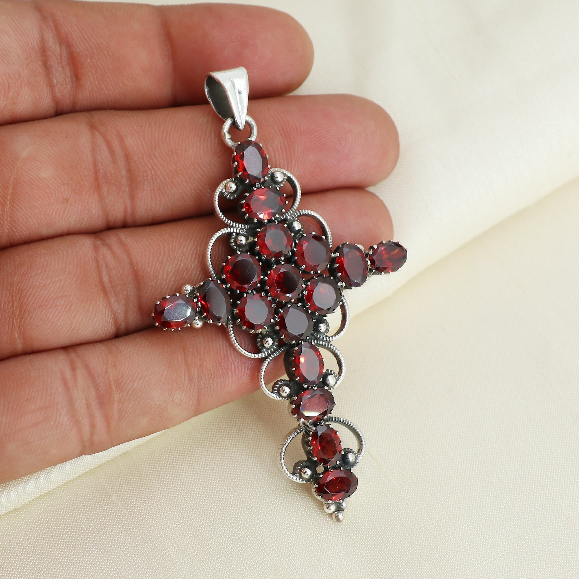 Sterling Silver Garnet Gemstone Cross Pendant