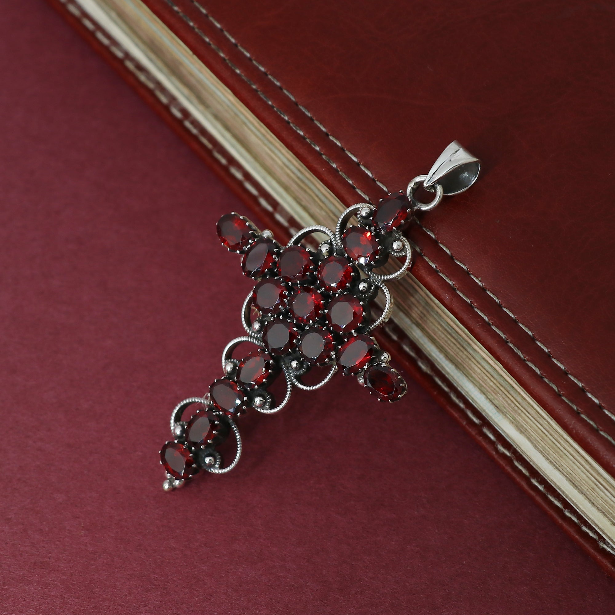 Sterling Silver Garnet Gemstone Cross Pendant