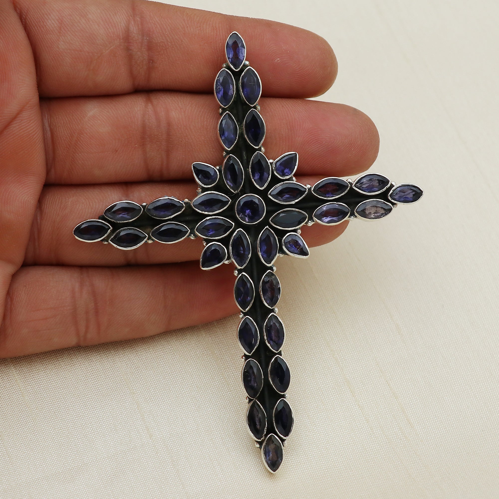 Sterling Silver Iolite Gemstone Cross Pendant