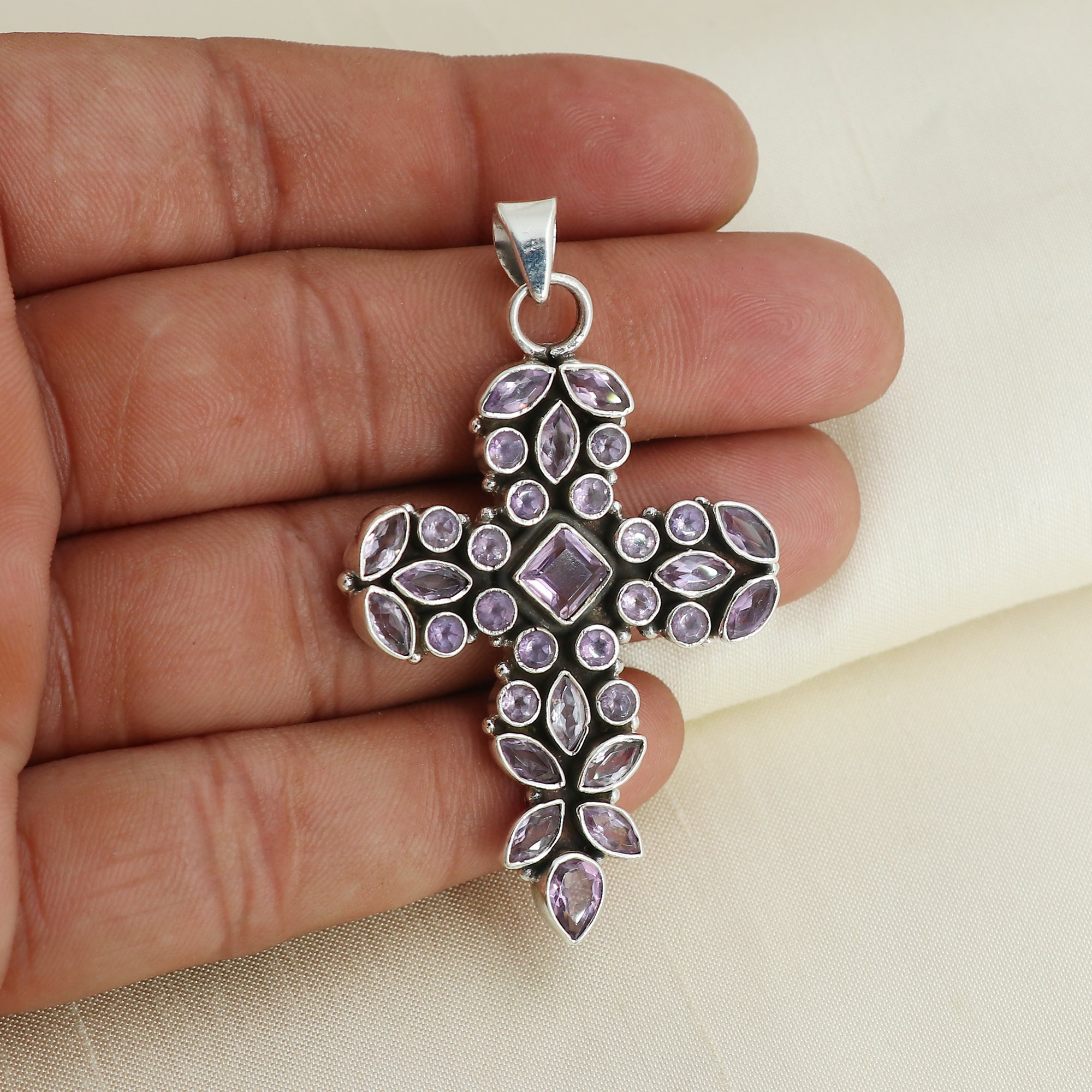 Sterling Silver Amethyst Gemstone Cross Pendant