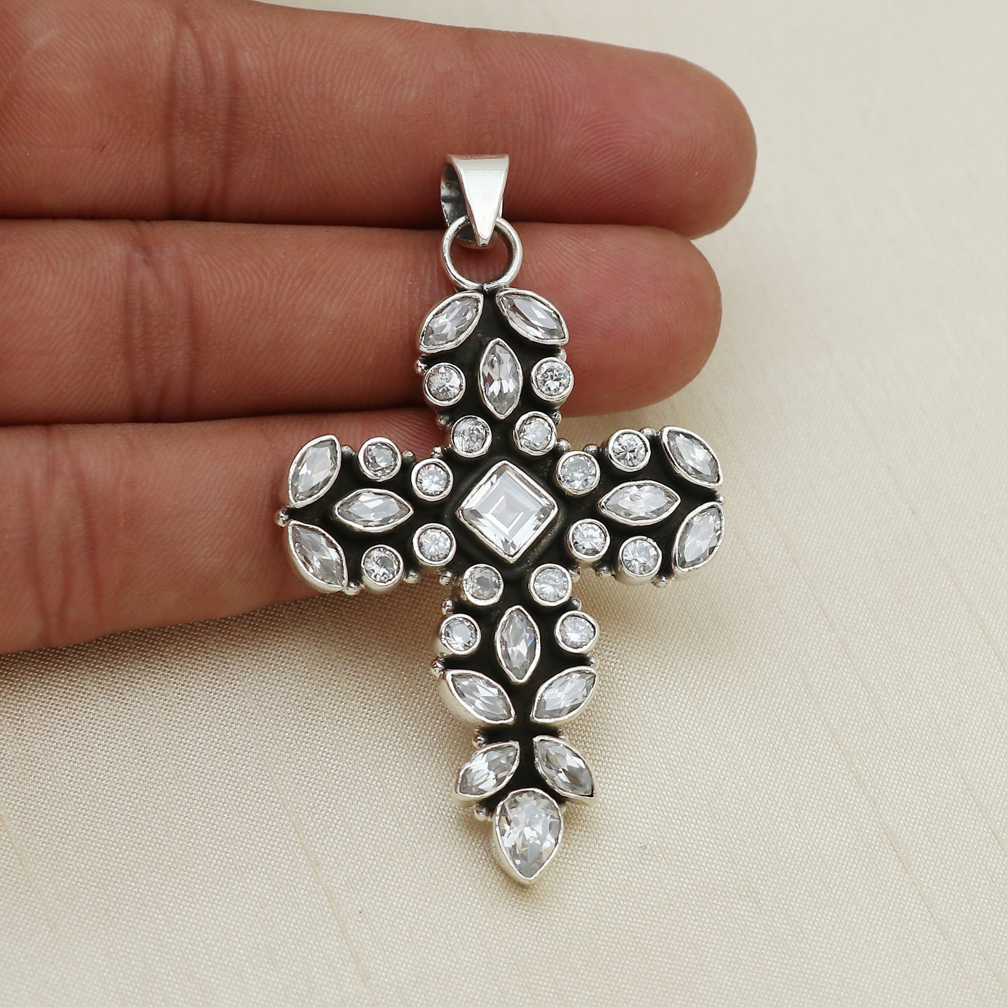 Sterling Silver Cubic Zirconia Gemstone Cross Pendant