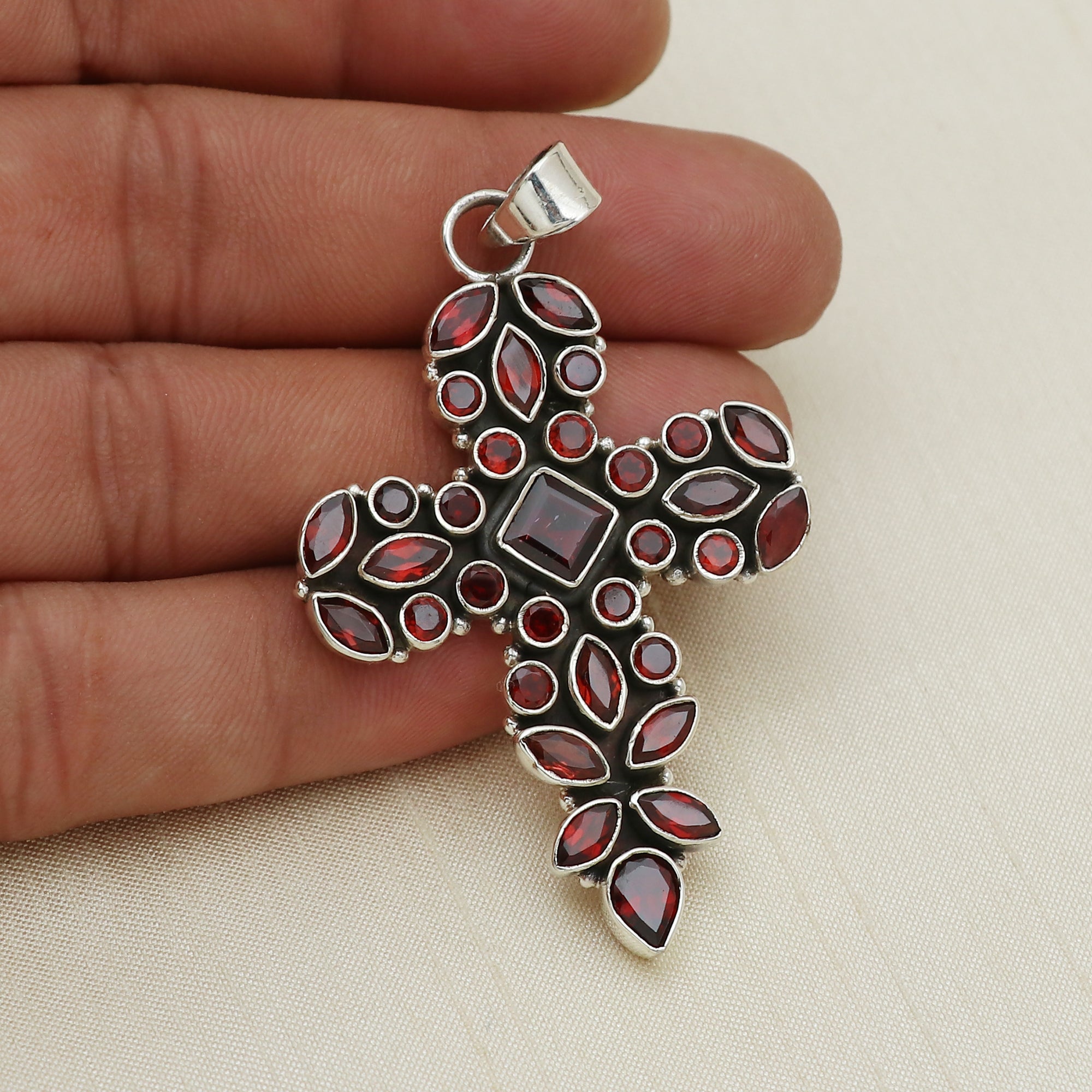 Sterling Silver Garnet Gemstone Cross Pendant