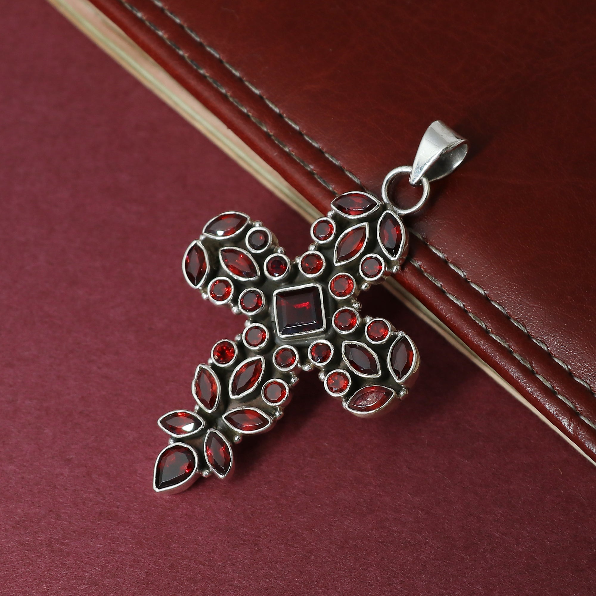 Sterling Silver Garnet Gemstone Cross Pendant