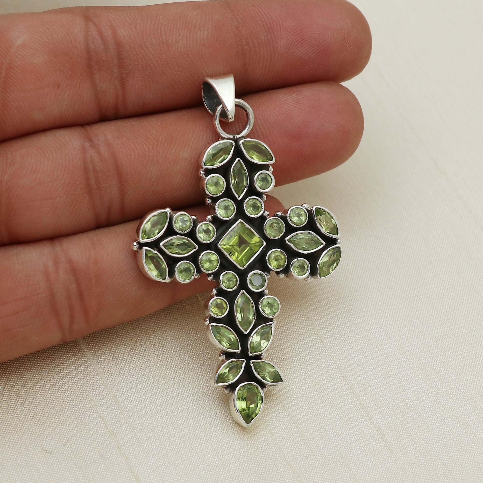 Sterling Silver Peridot Gemstone Cross Pendant