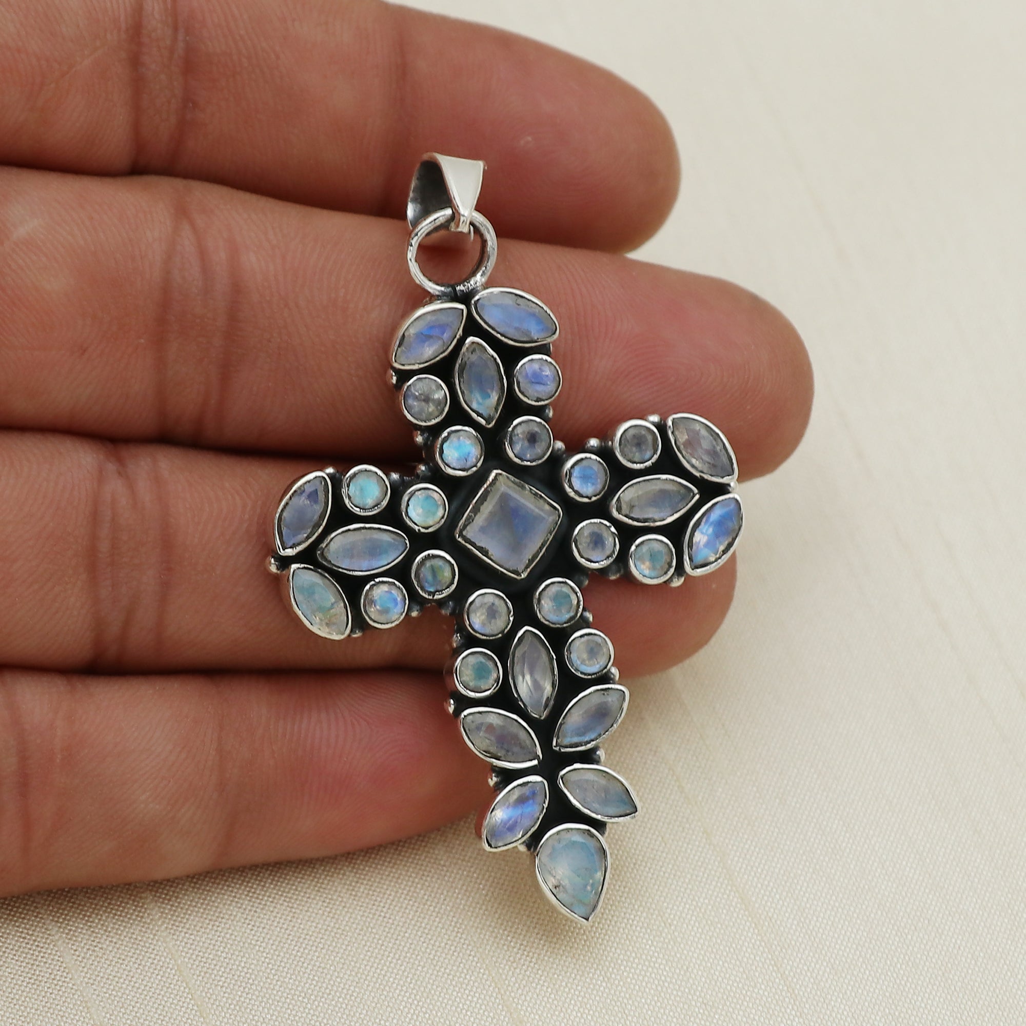 Sterling Silver Moonstone Gemstone Cross Pendant