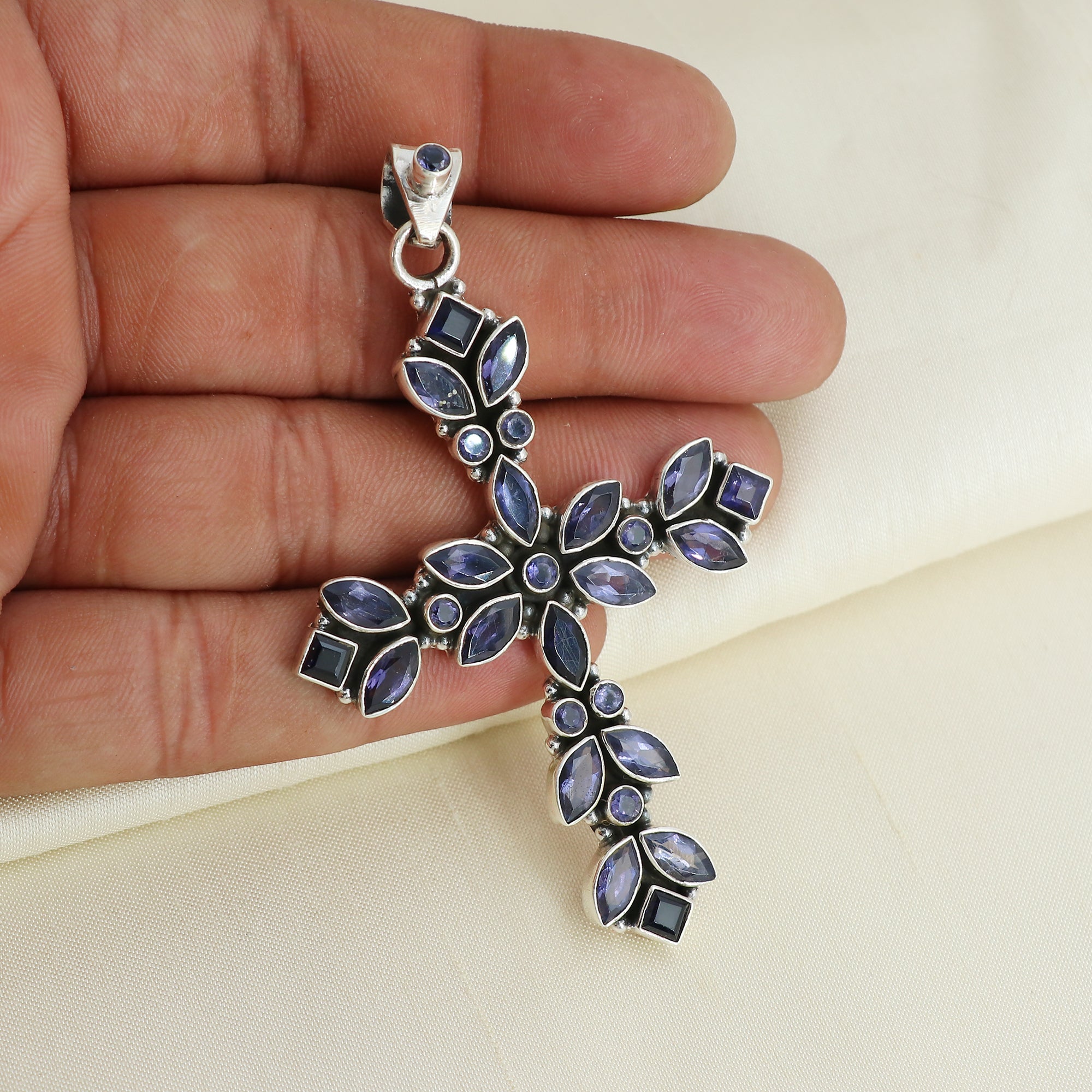 Designer Iolite Stone Cross Pendant