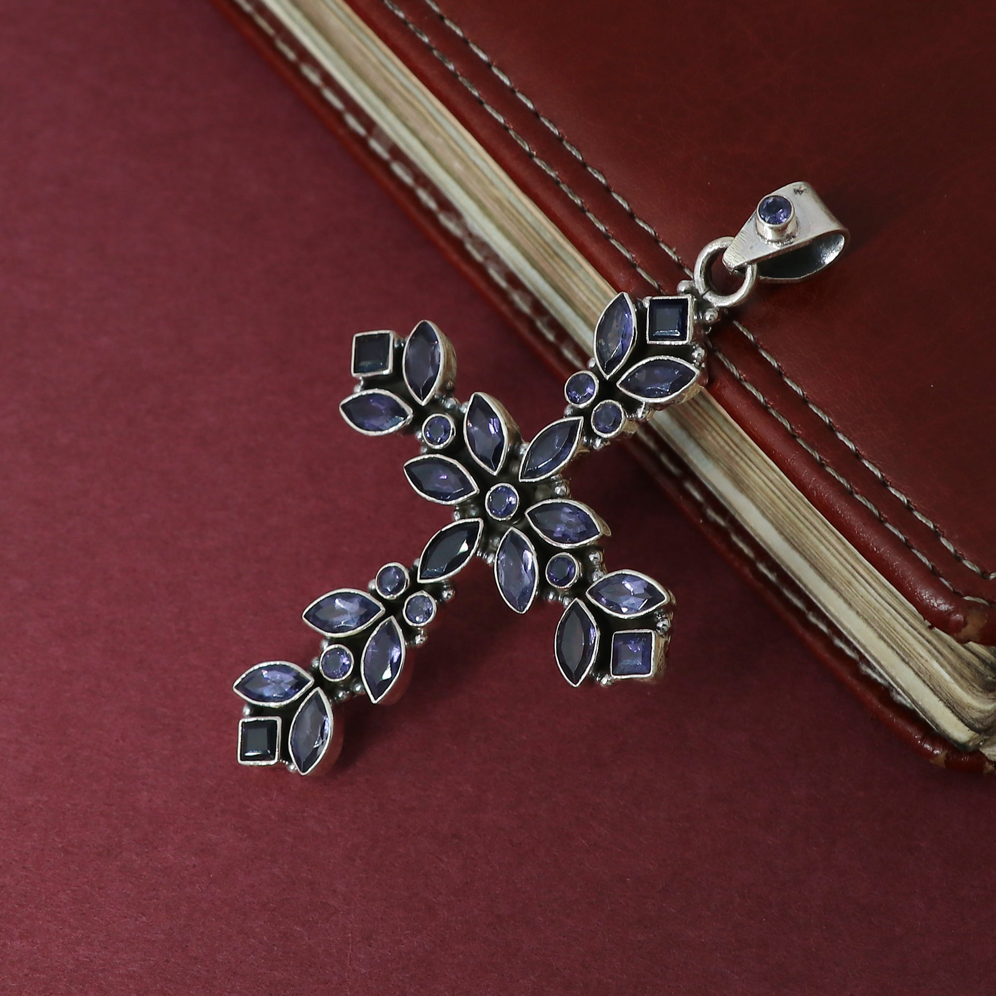 Designer Iolite Stone Cross Pendant