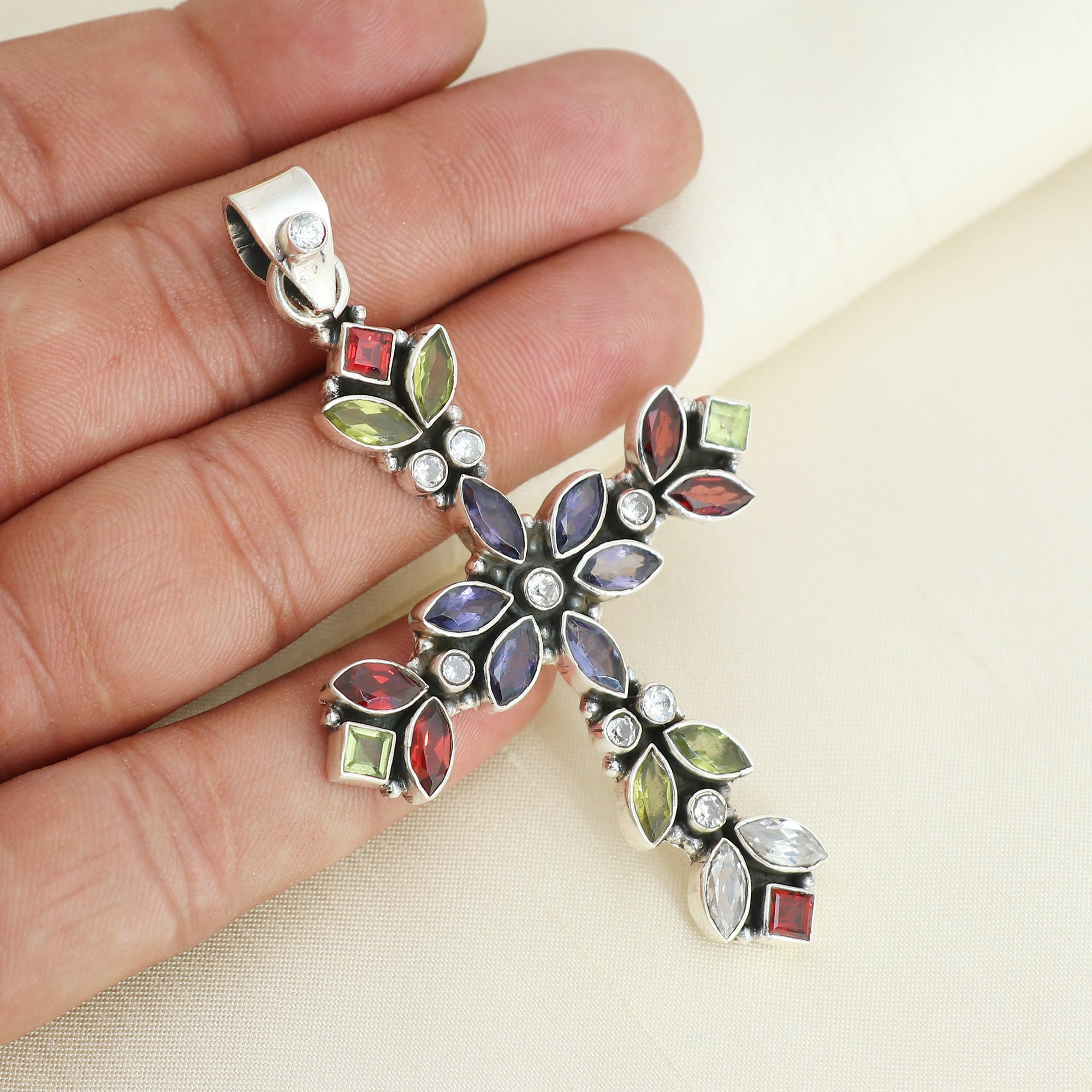 Designer Multi Stone Cross Pendant