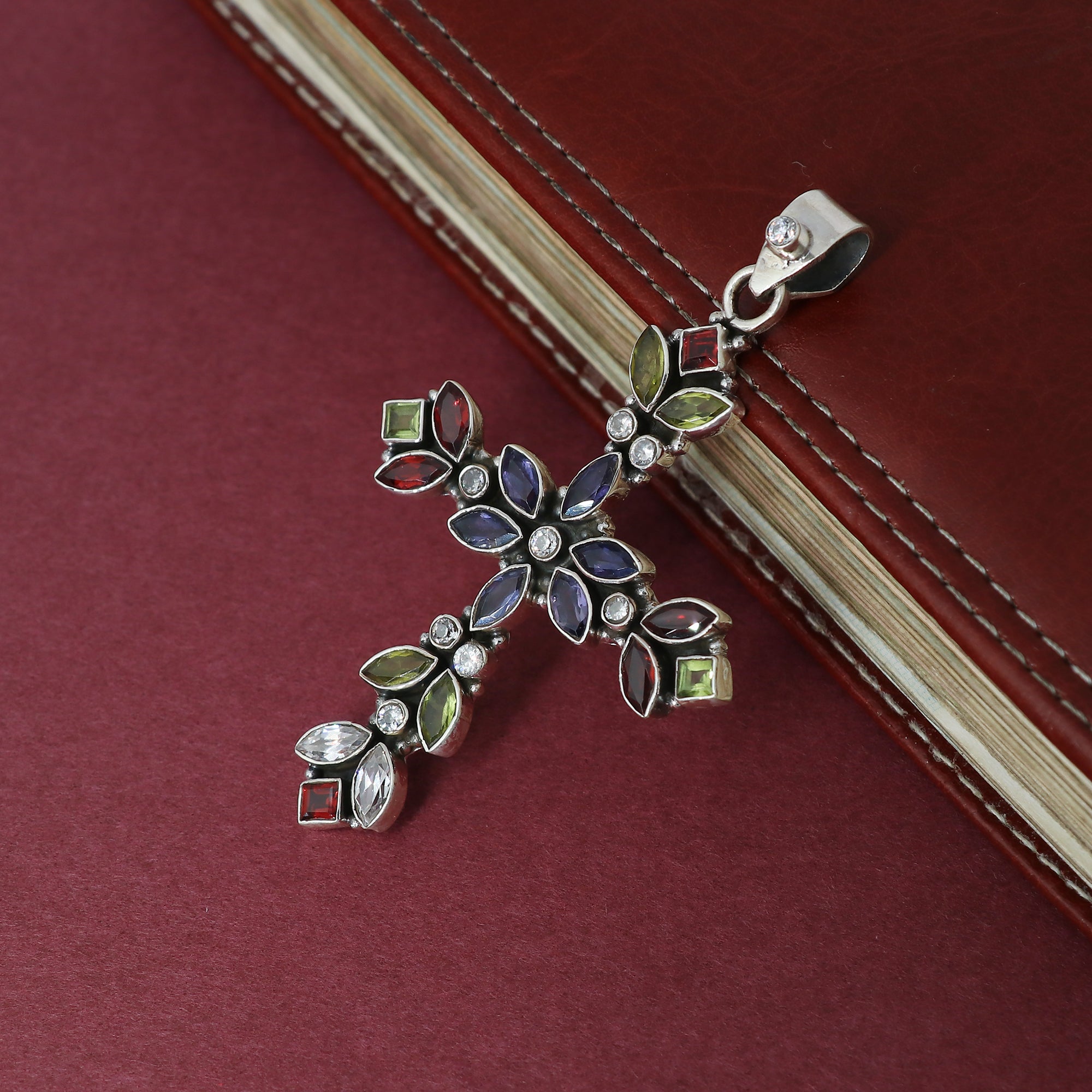Designer Multi Stone Cross Pendant