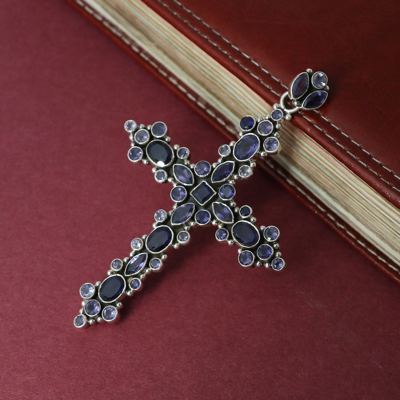 Designer Iolite Stone Cross Pendant