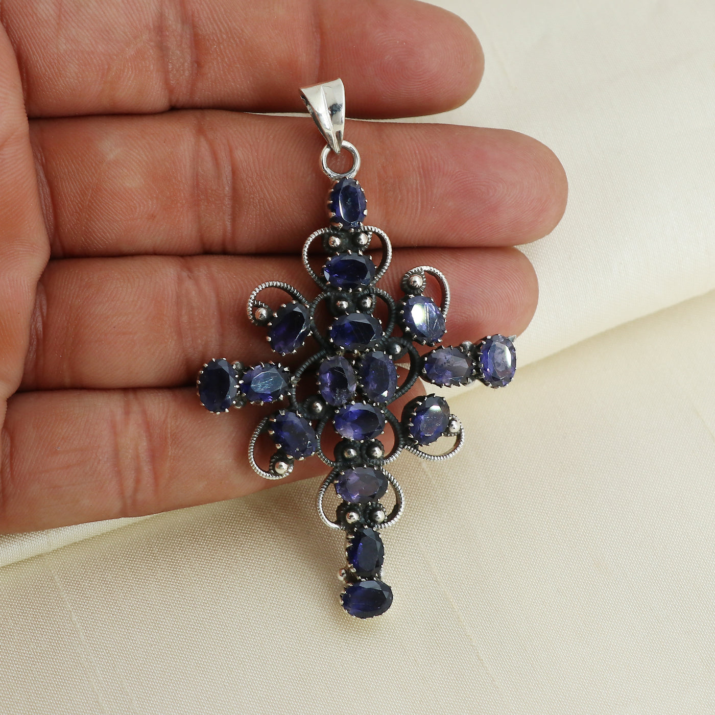 Designer Iolite Stone Cross Pendant