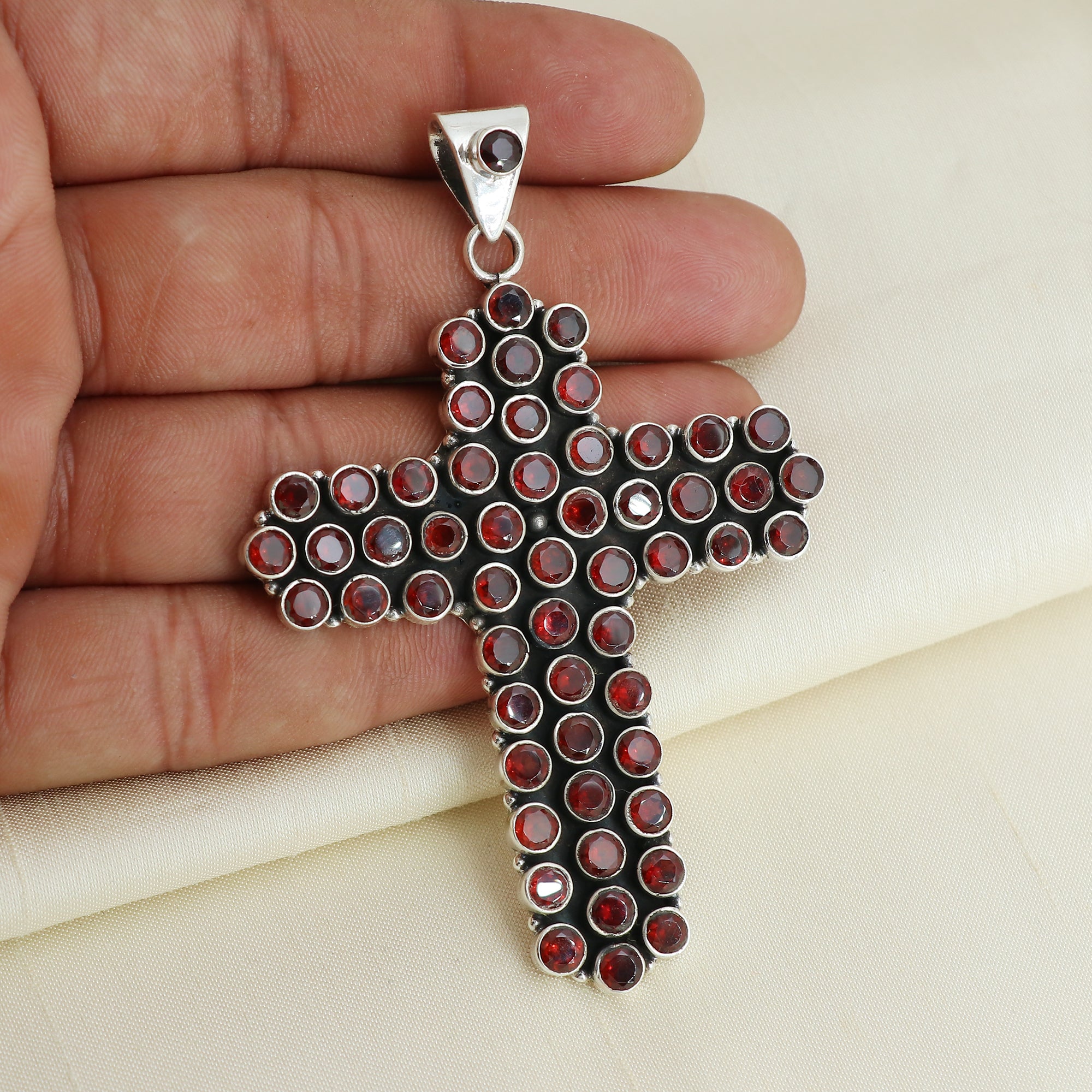 Sterling 925 Silver Garnet Stone Cross Pendant