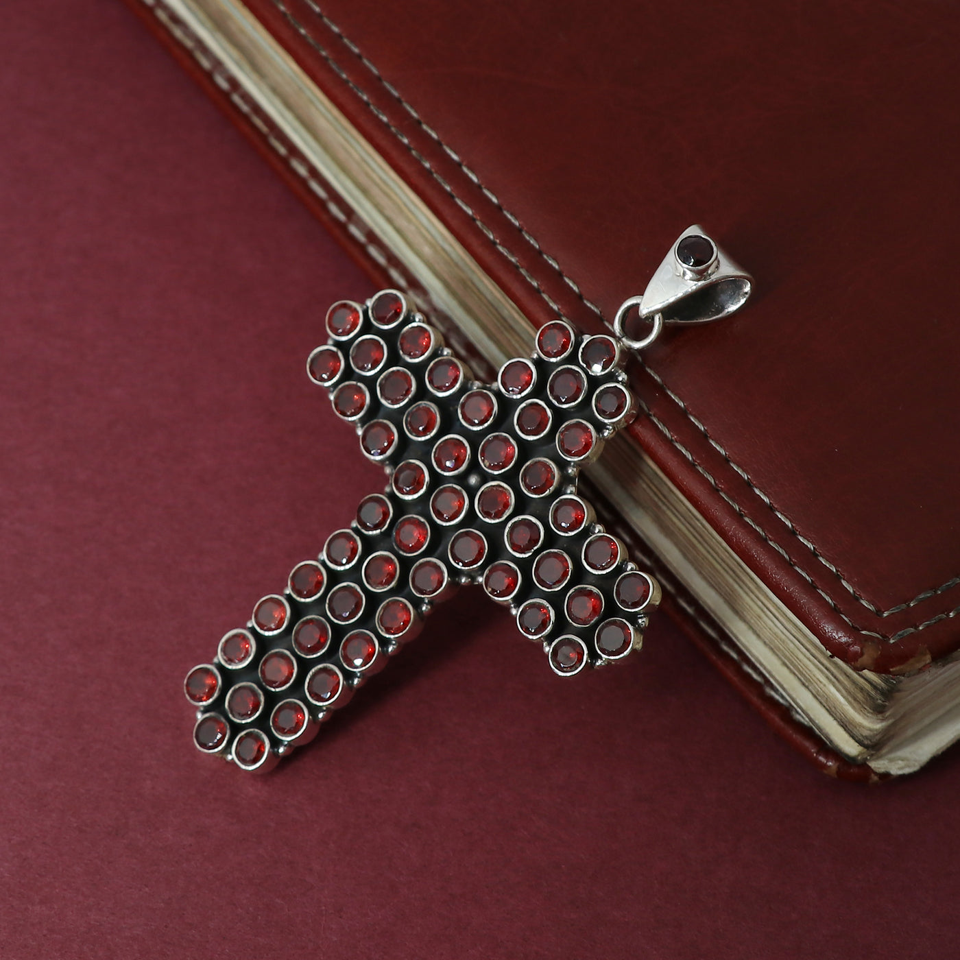 Sterling 925 Silver Garnet Stone Cross Pendant