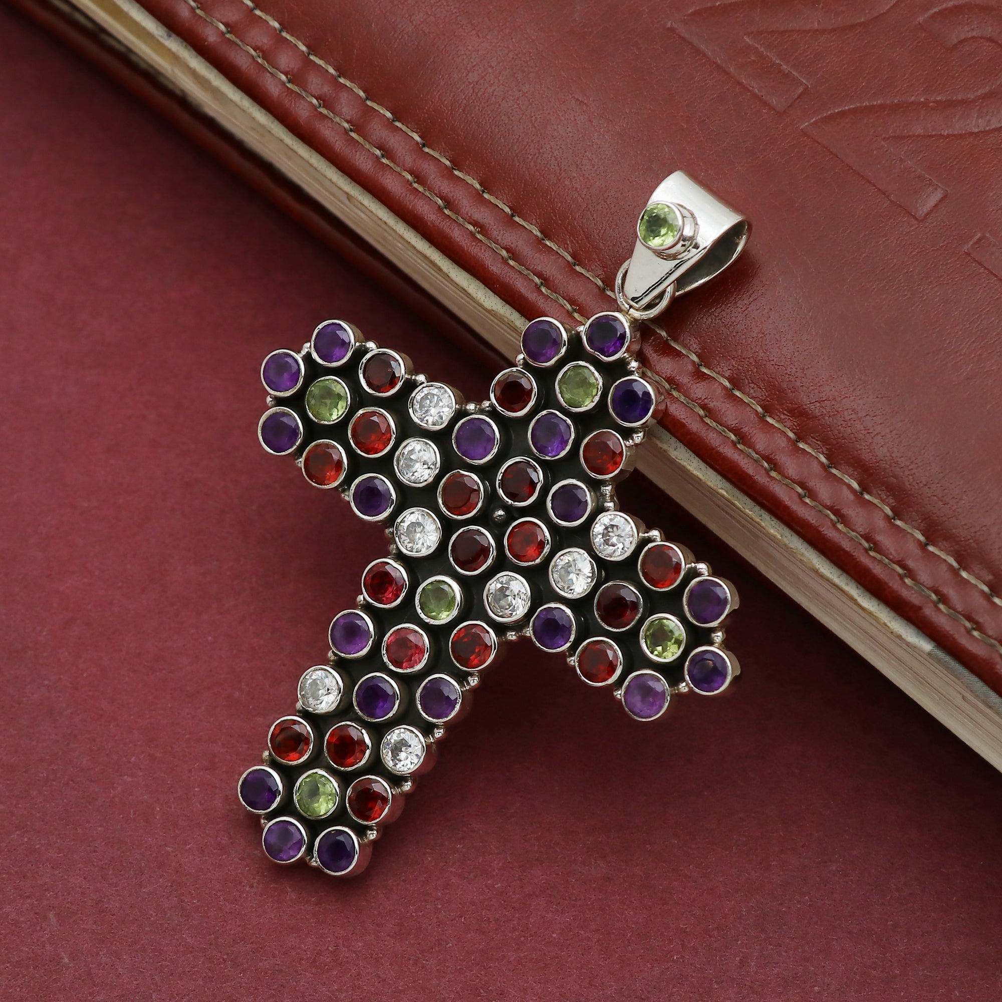 Sterling 925 Silver Multi Stone Cross Pendant