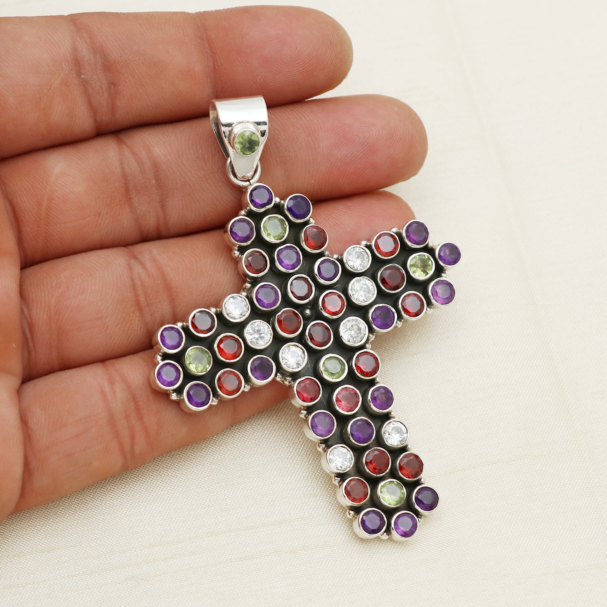 Sterling 925 Silver Multi Stone Cross Pendant