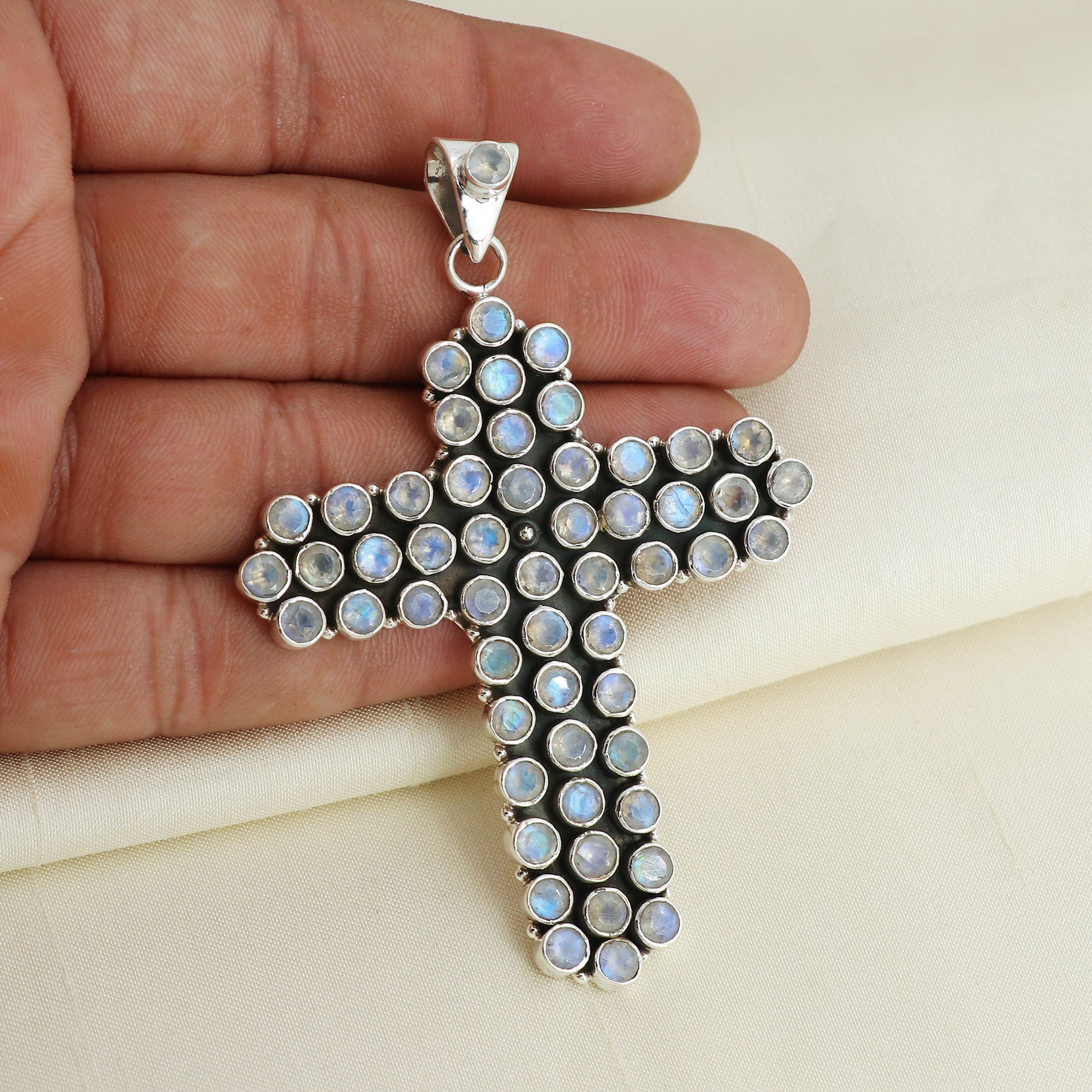 Sterling 925 Silver Moonstone Cross Pendant