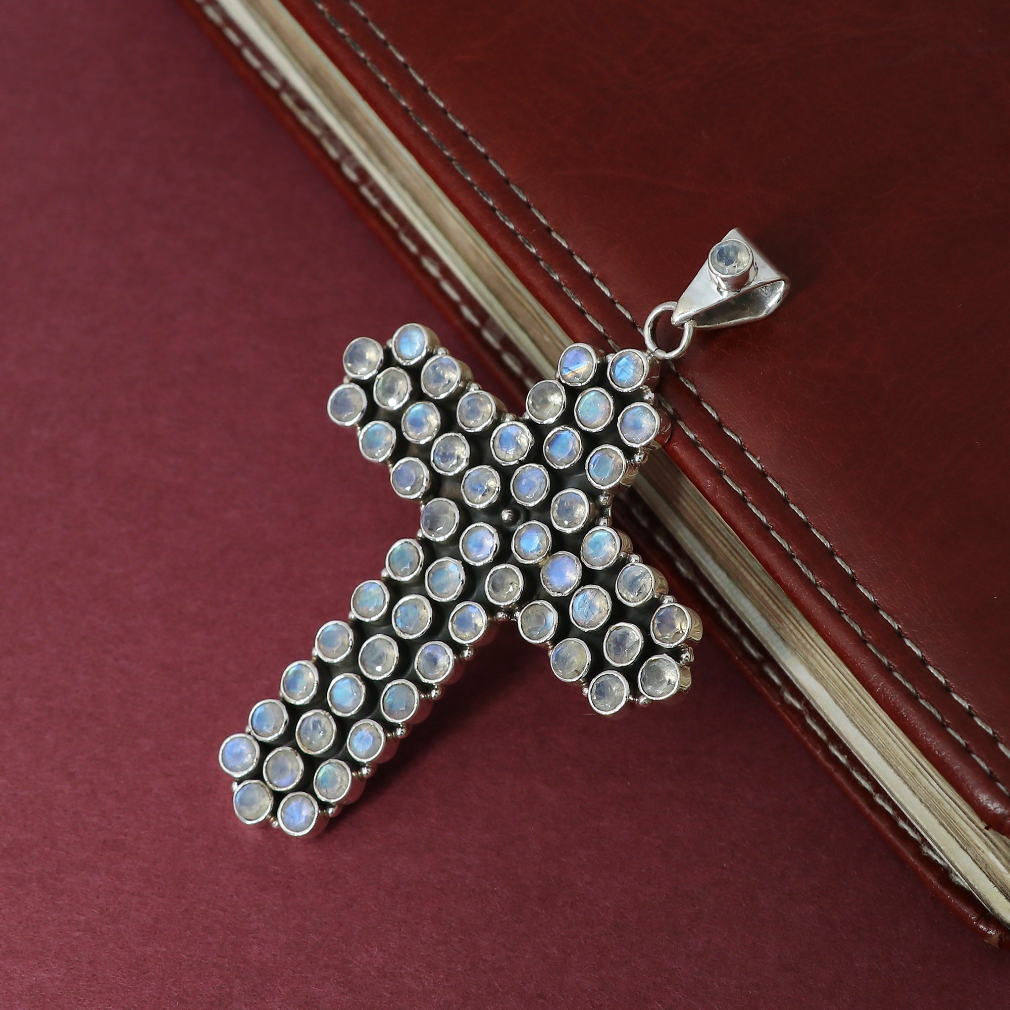 Sterling 925 Silver Moonstone Cross Pendant