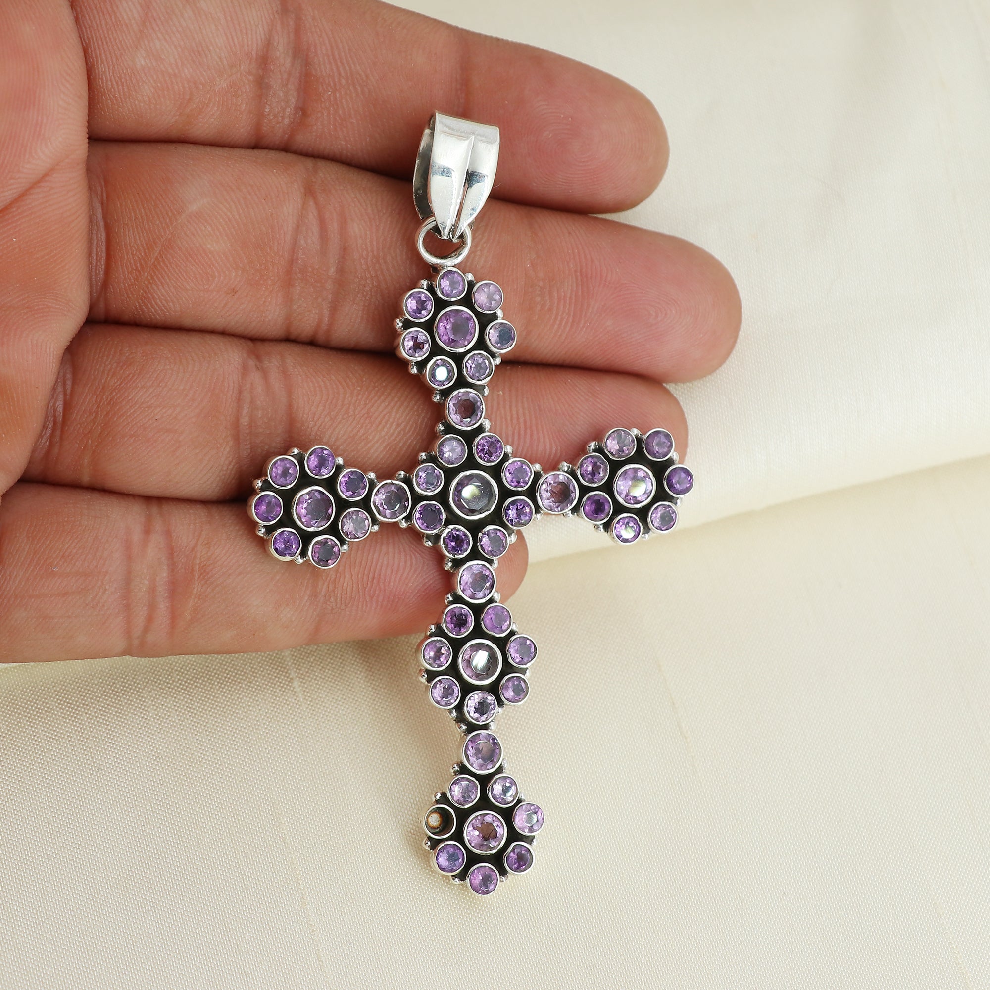Sterling 925 Silver Amethyst Stone Cross Pendant