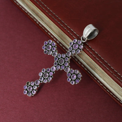 Sterling 925 Silver Amethyst Stone Cross Pendant