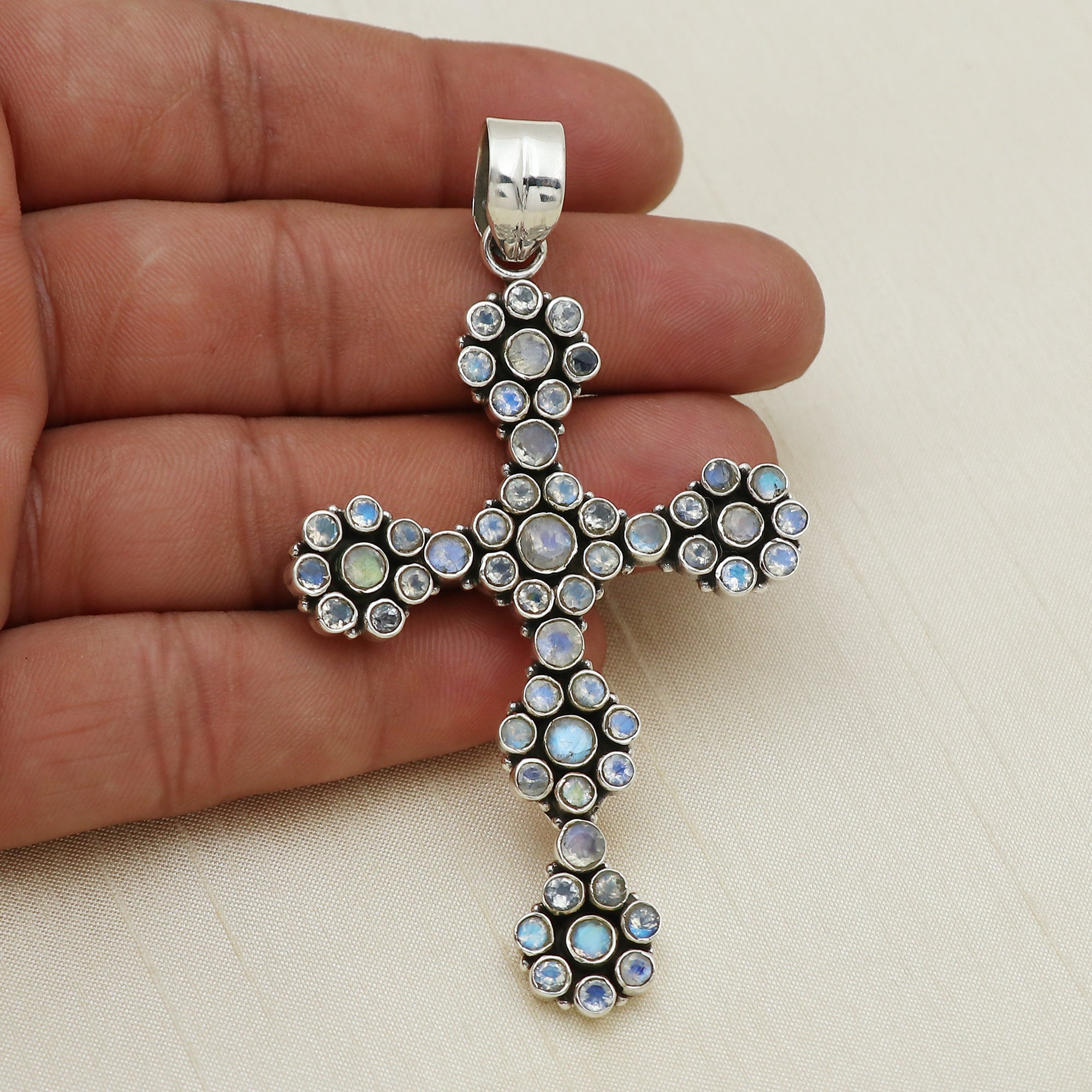 Sterling 925 Silver Moonstone Stone Cross Pendant