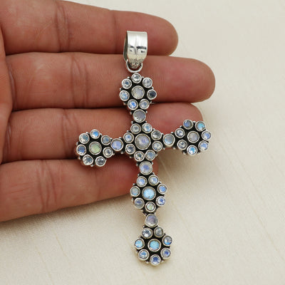 Sterling 925 Silver Moonstone Stone Cross Pendant