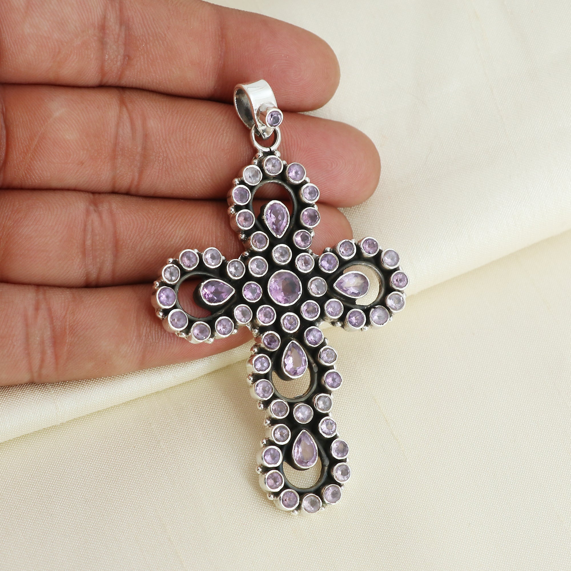 Sterling 925 Silver Amethyst Stone Cross Pendant
