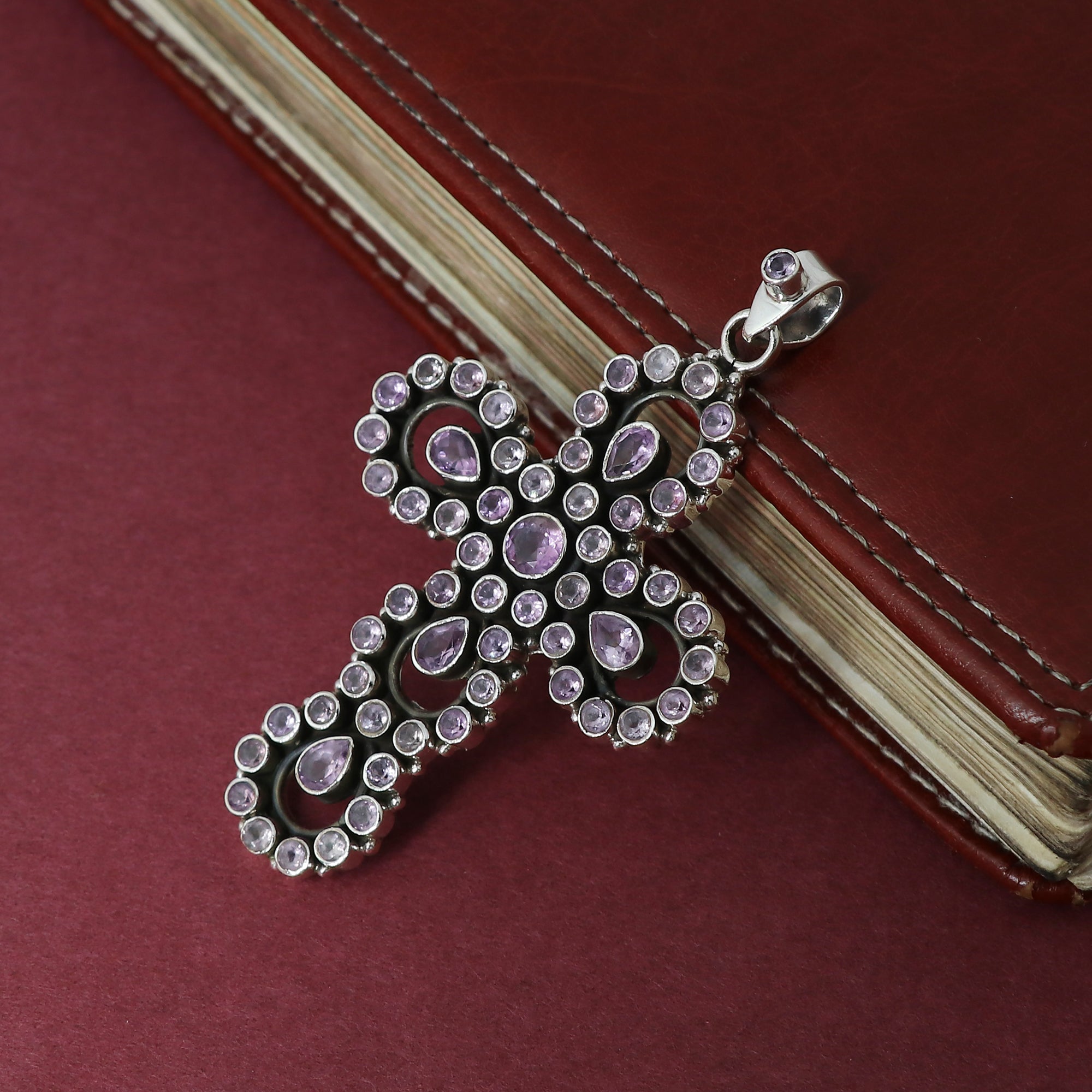 Sterling 925 Silver Amethyst Stone Cross Pendant
