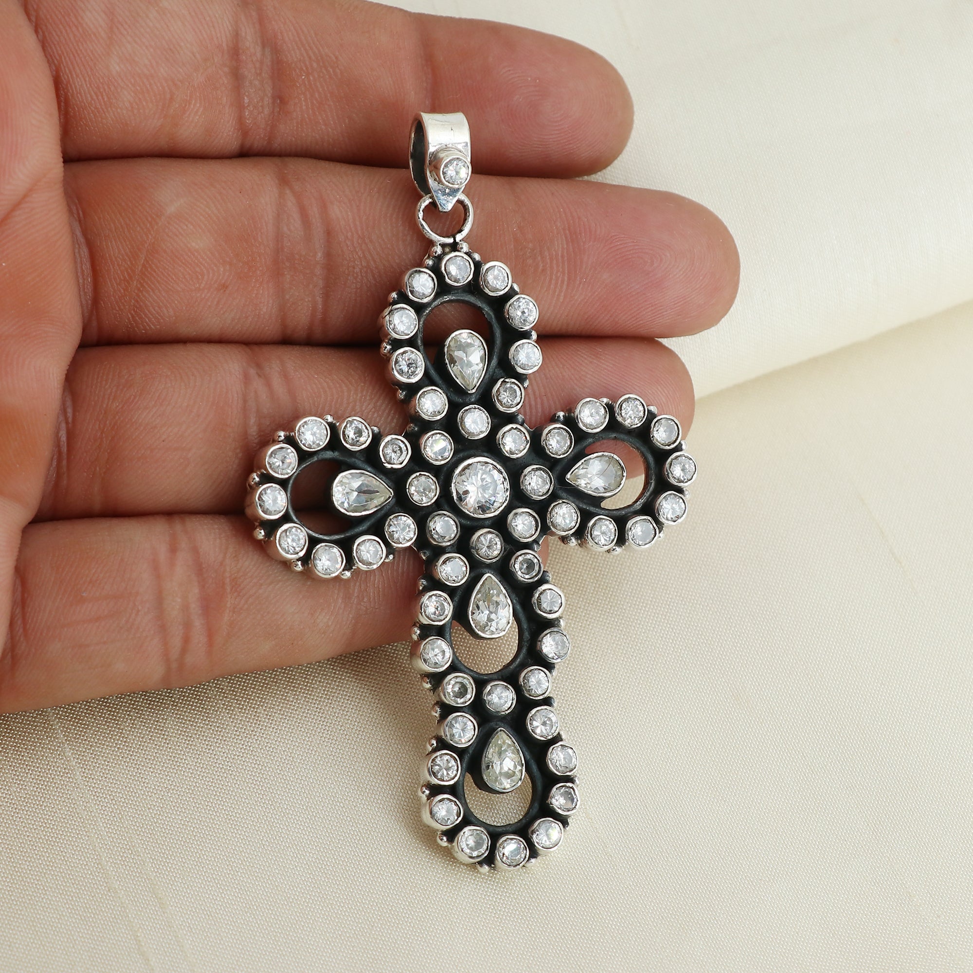 Sterling 925 Silver Cubic Zirconia Stone Cross Pendant