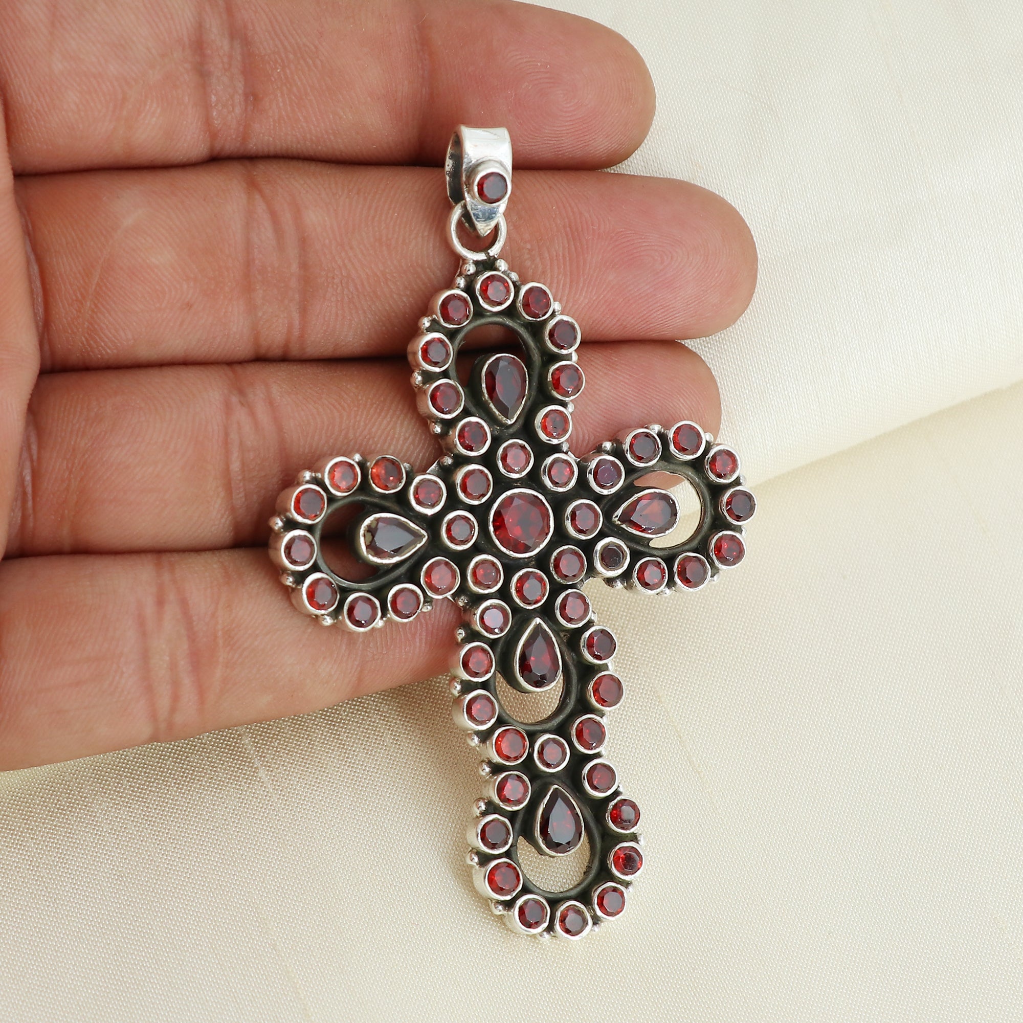 Sterling 925 Silver Garnet Stone Cross Pendant