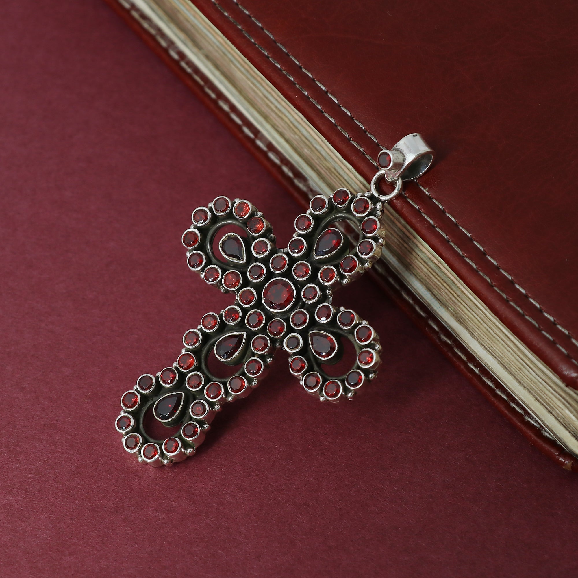 Sterling 925 Silver Garnet Stone Cross Pendant