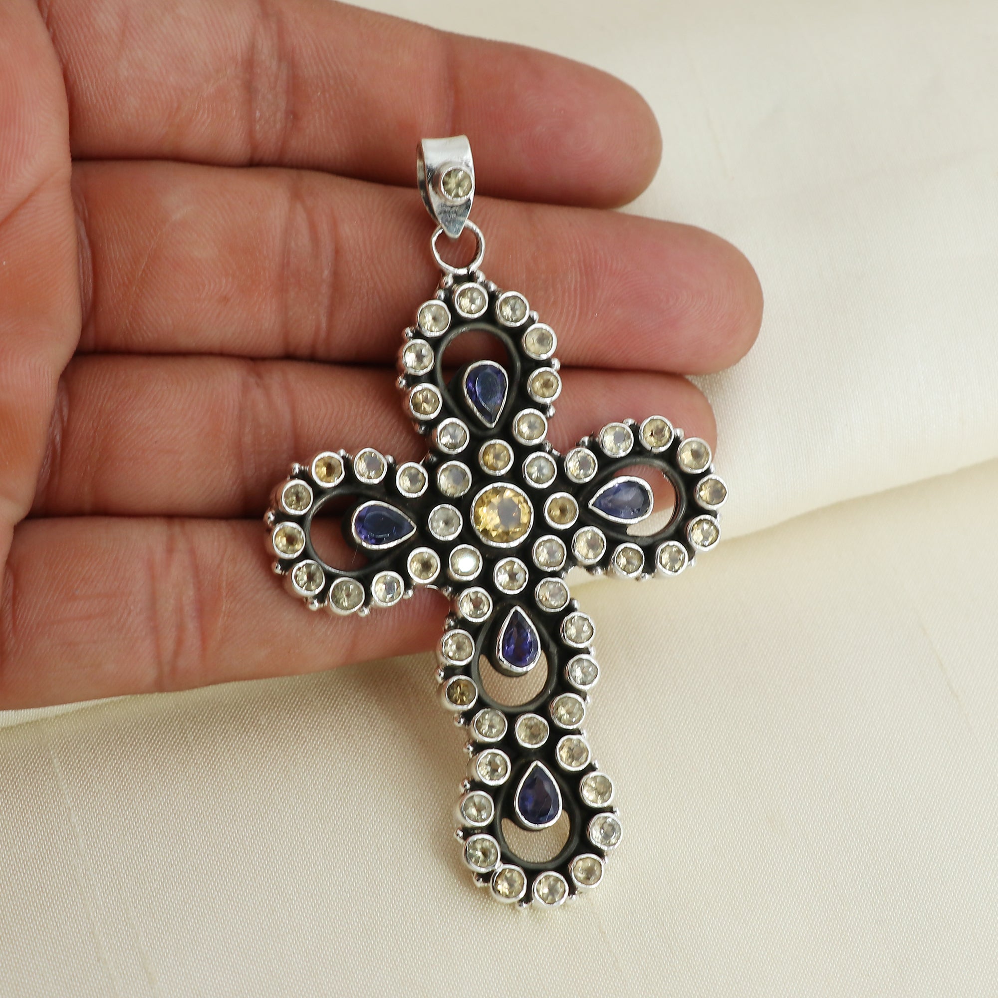 Sterling 925 Silver Multi Stone Cross Pendant