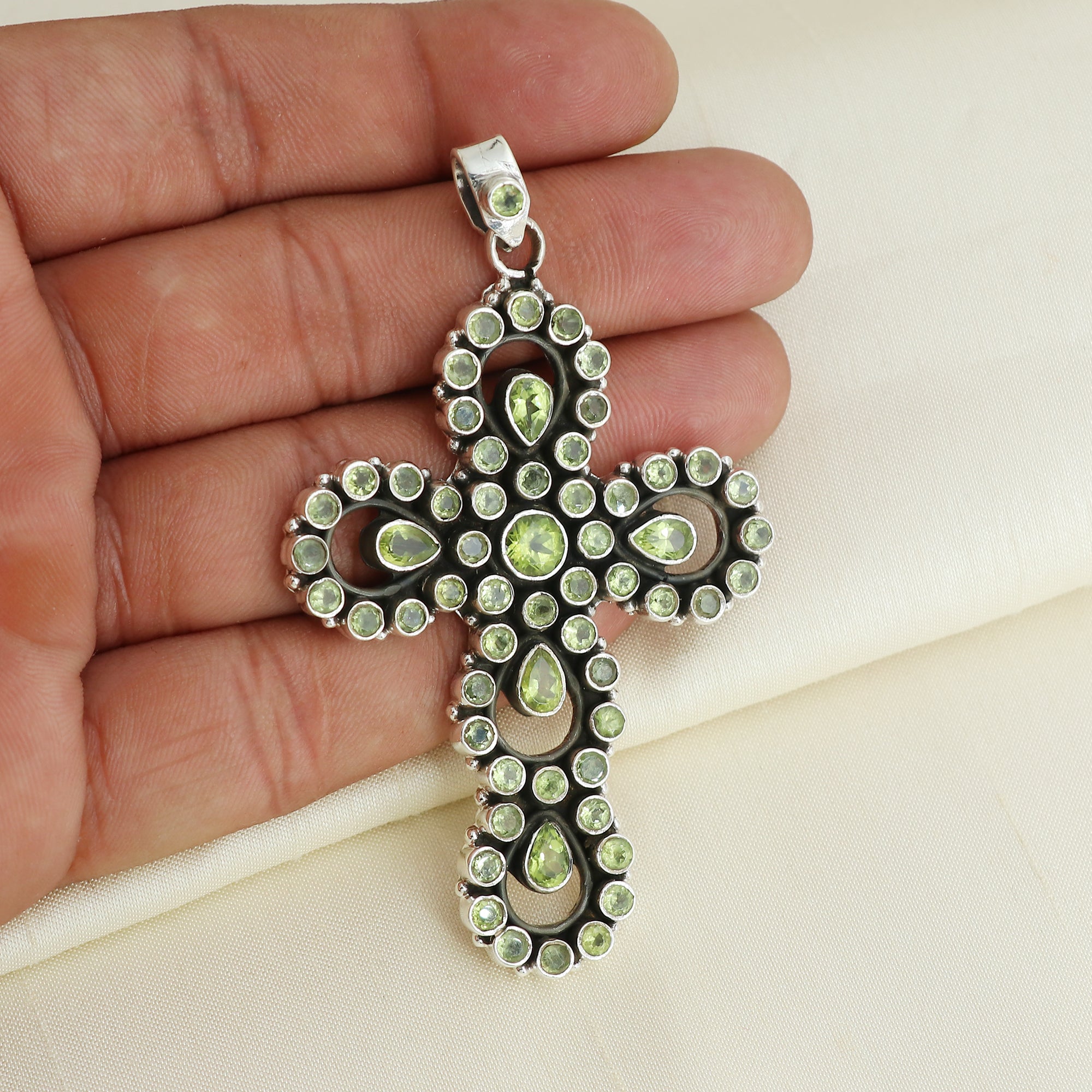 Sterling 925 Silver Peridot Stone Cross Pendant