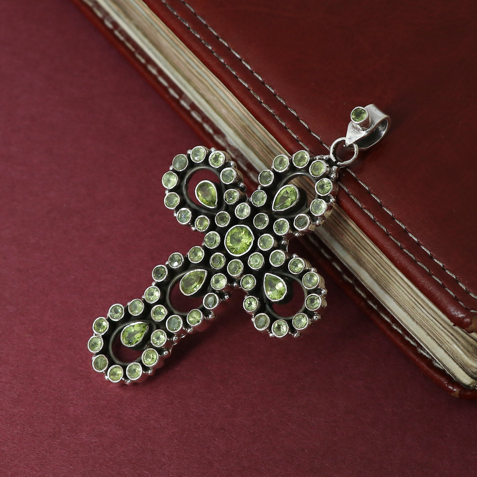 Sterling 925 Silver Peridot Stone Cross Pendant