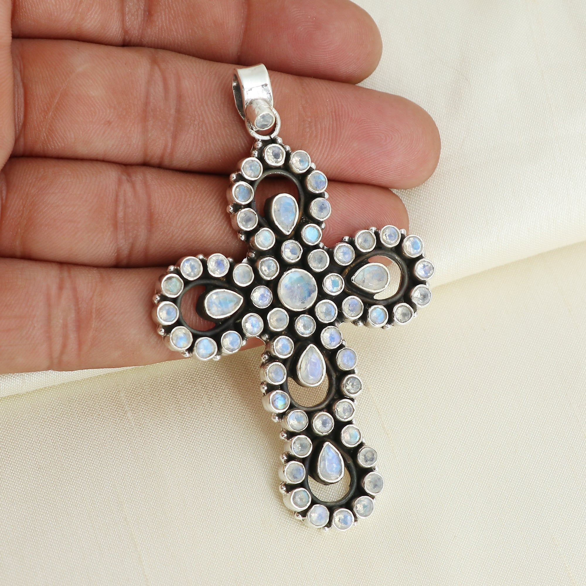 Sterling 925 Silver Moonstone Stone Cross Pendant