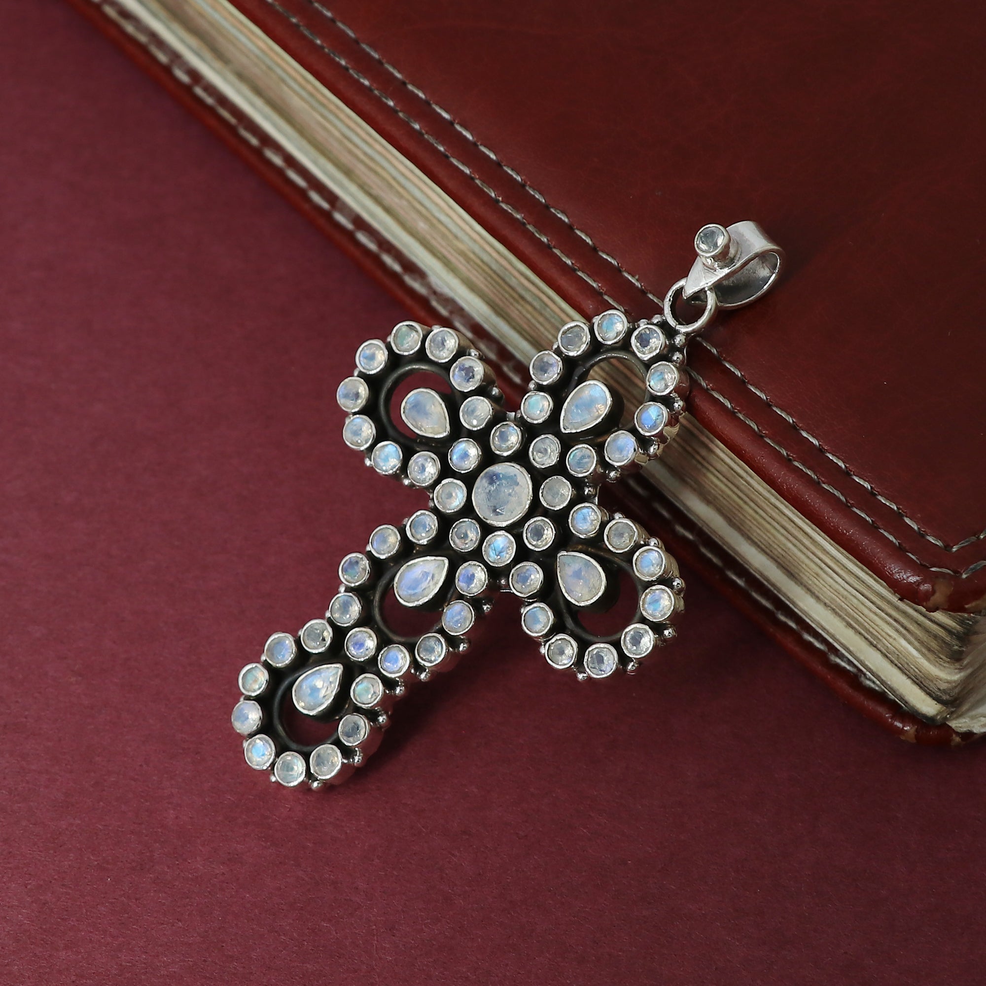 Sterling 925 Silver Moonstone Stone Cross Pendant