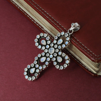 Sterling 925 Silver Moonstone Stone Cross Pendant