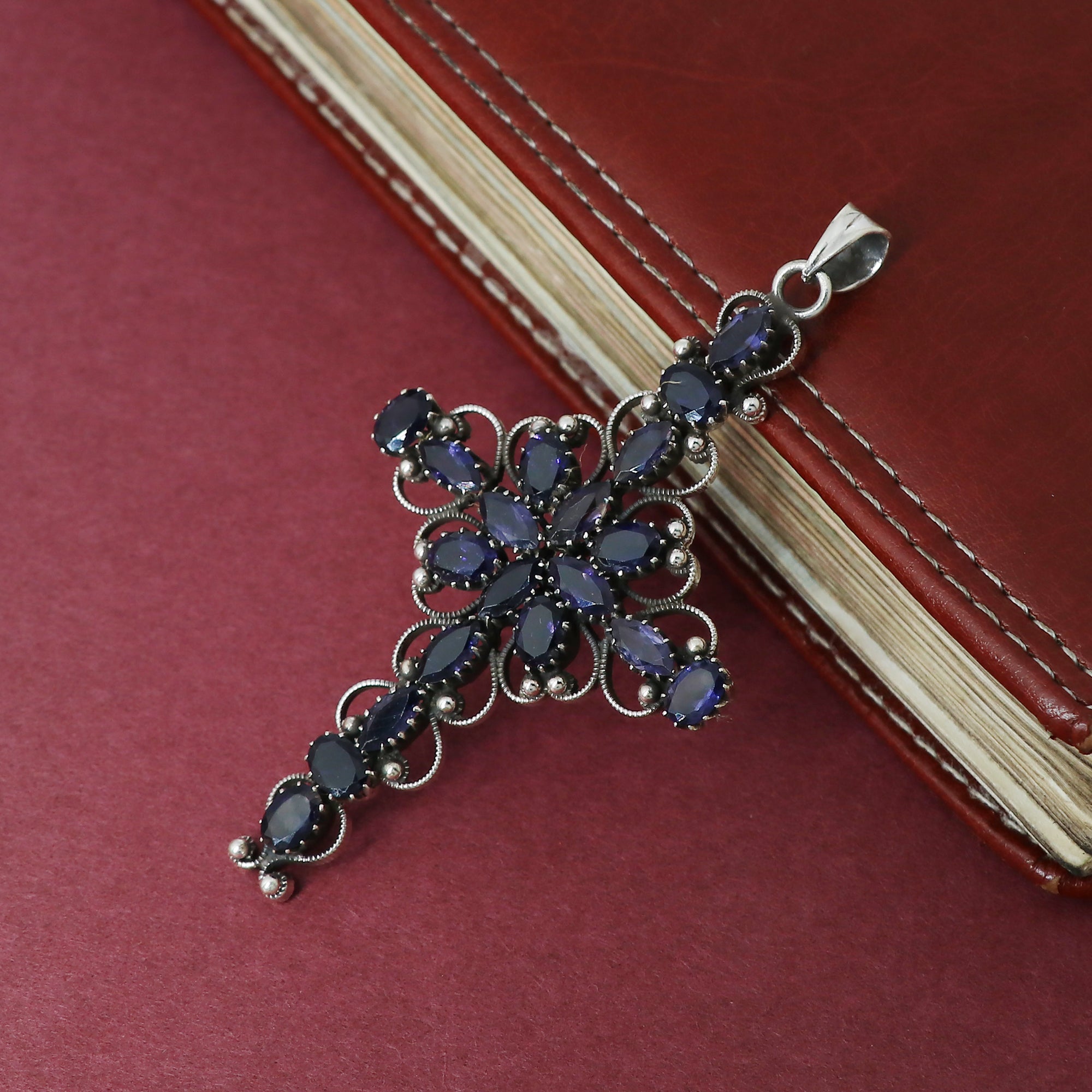 Precious iolite Stone Cross Pendant