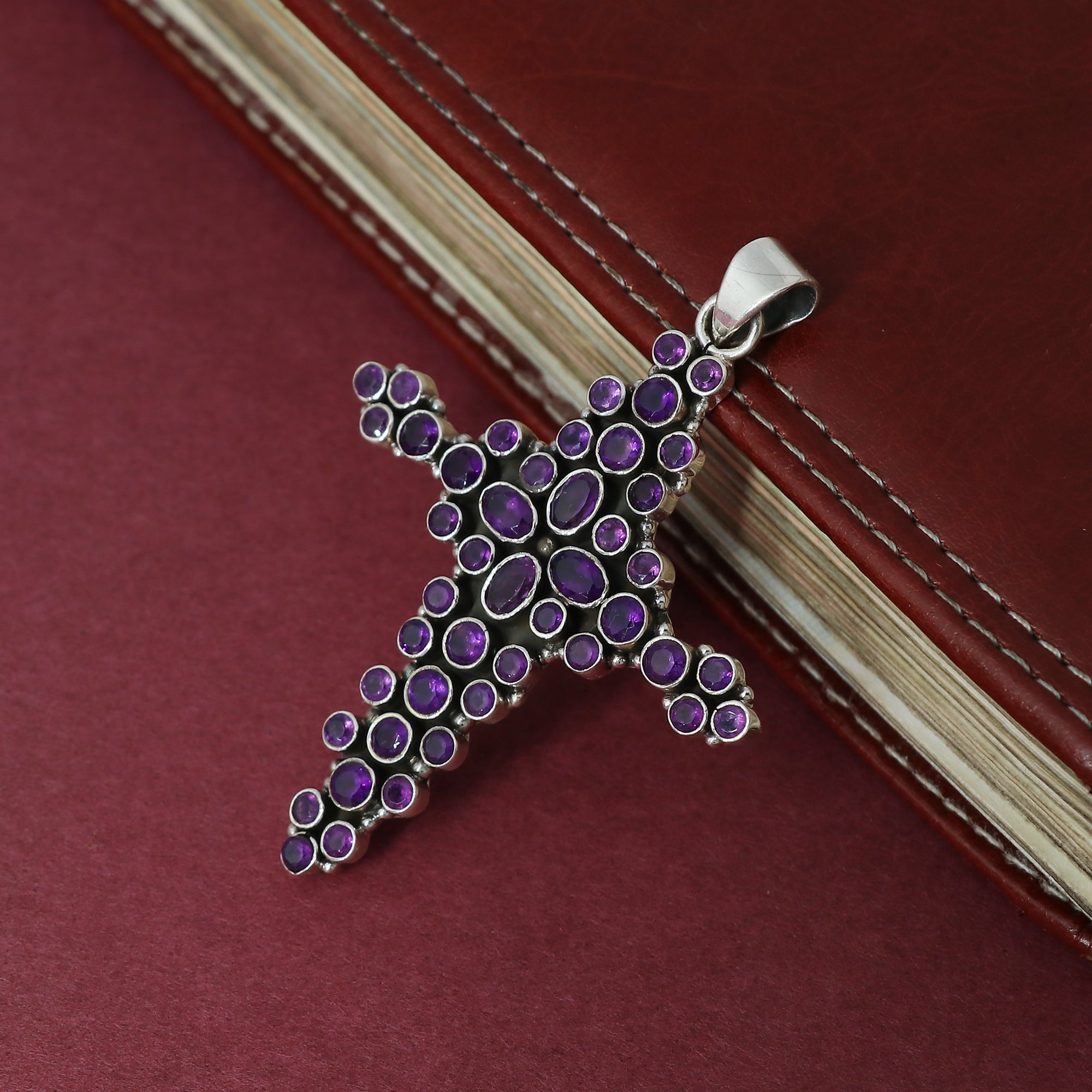 Sterling 925 Silver Amethyst Stone Cross Pendant