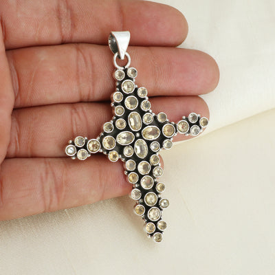 Sterling 925 Silver Citrine Stone Cross Pendant