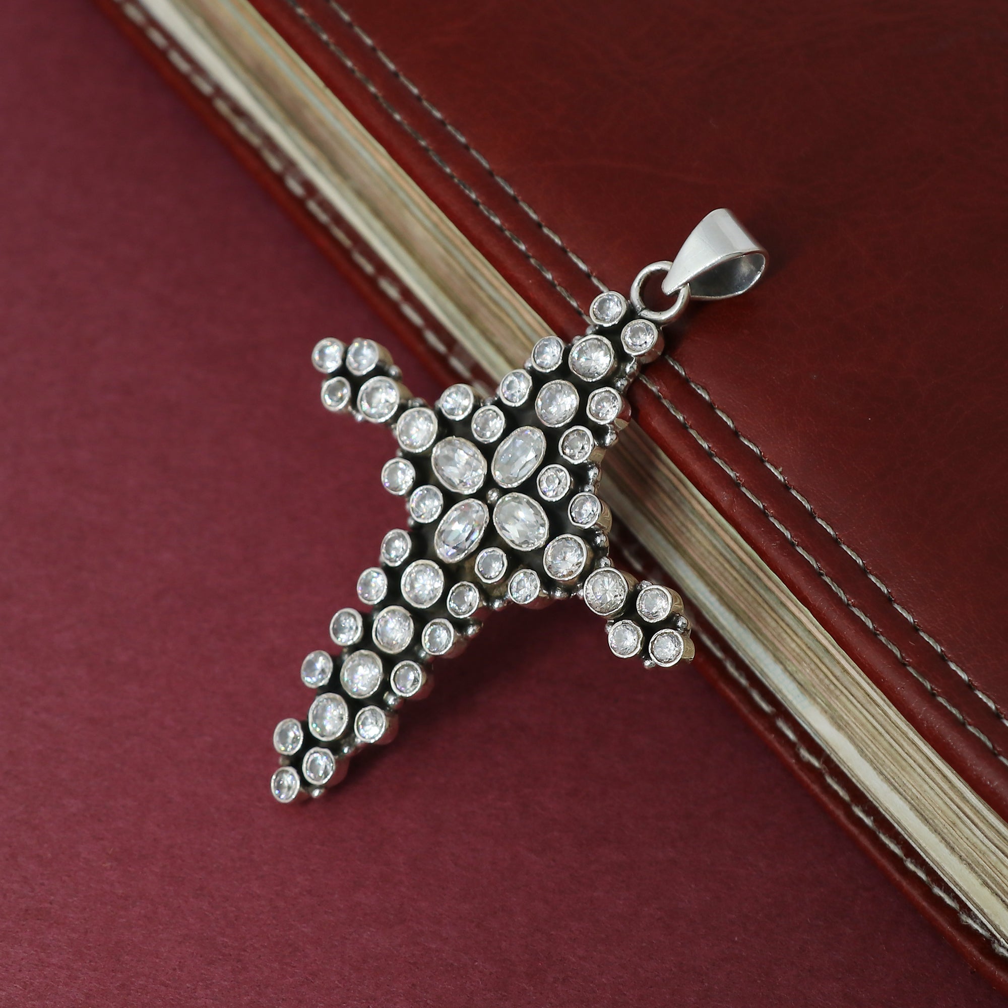 Sterling 925 Silver Cubic Zirconia Stone Cross Pendant