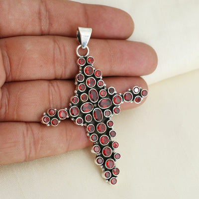 Sterling 925 Silver Garnet Stone Cross Pendant