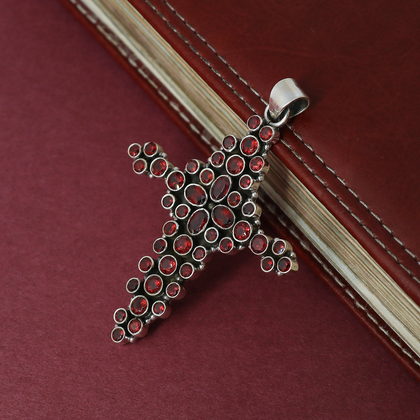 Sterling 925 Silver Garnet Stone Cross Pendant