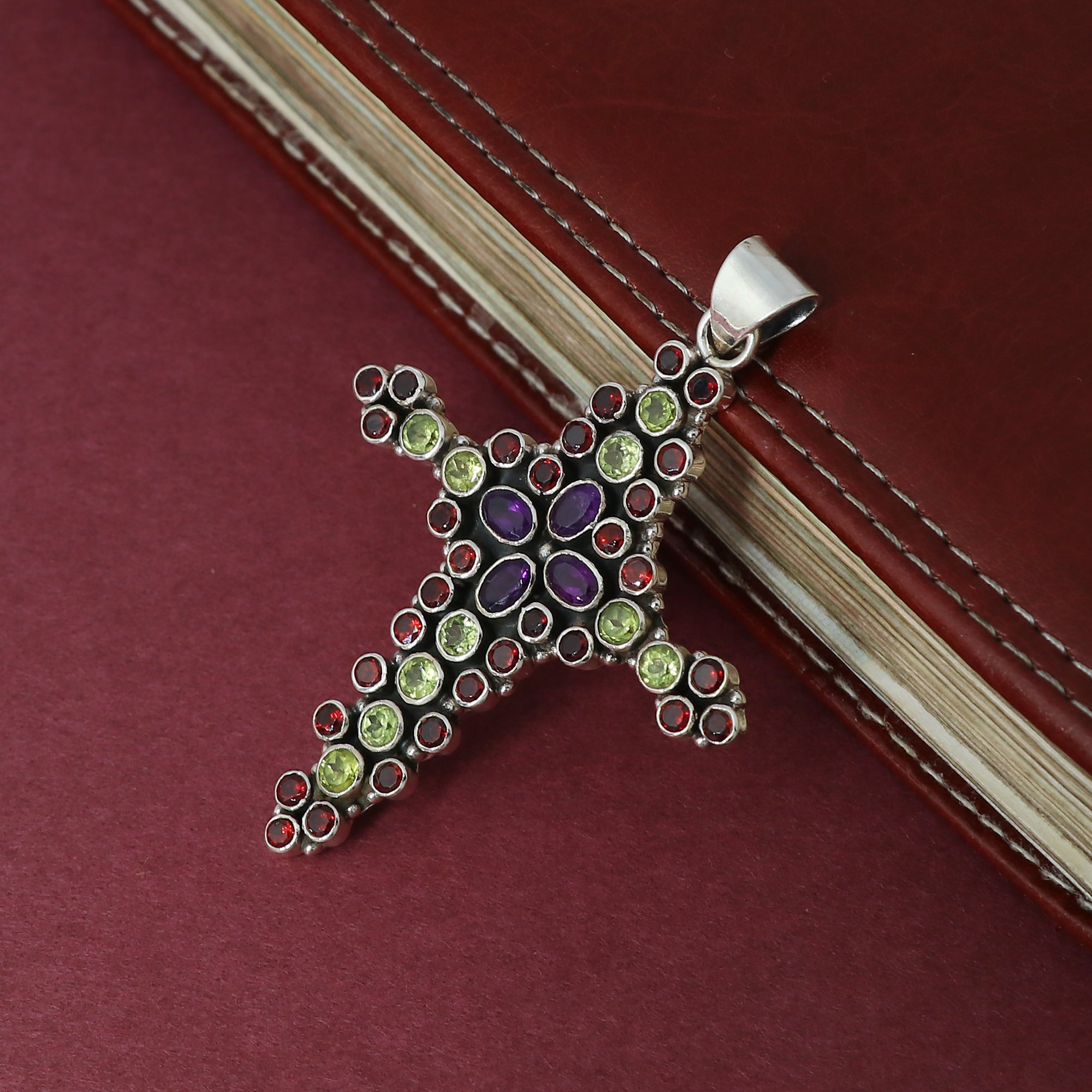 Sterling 925 Silver Multi Stone Cross Pendant