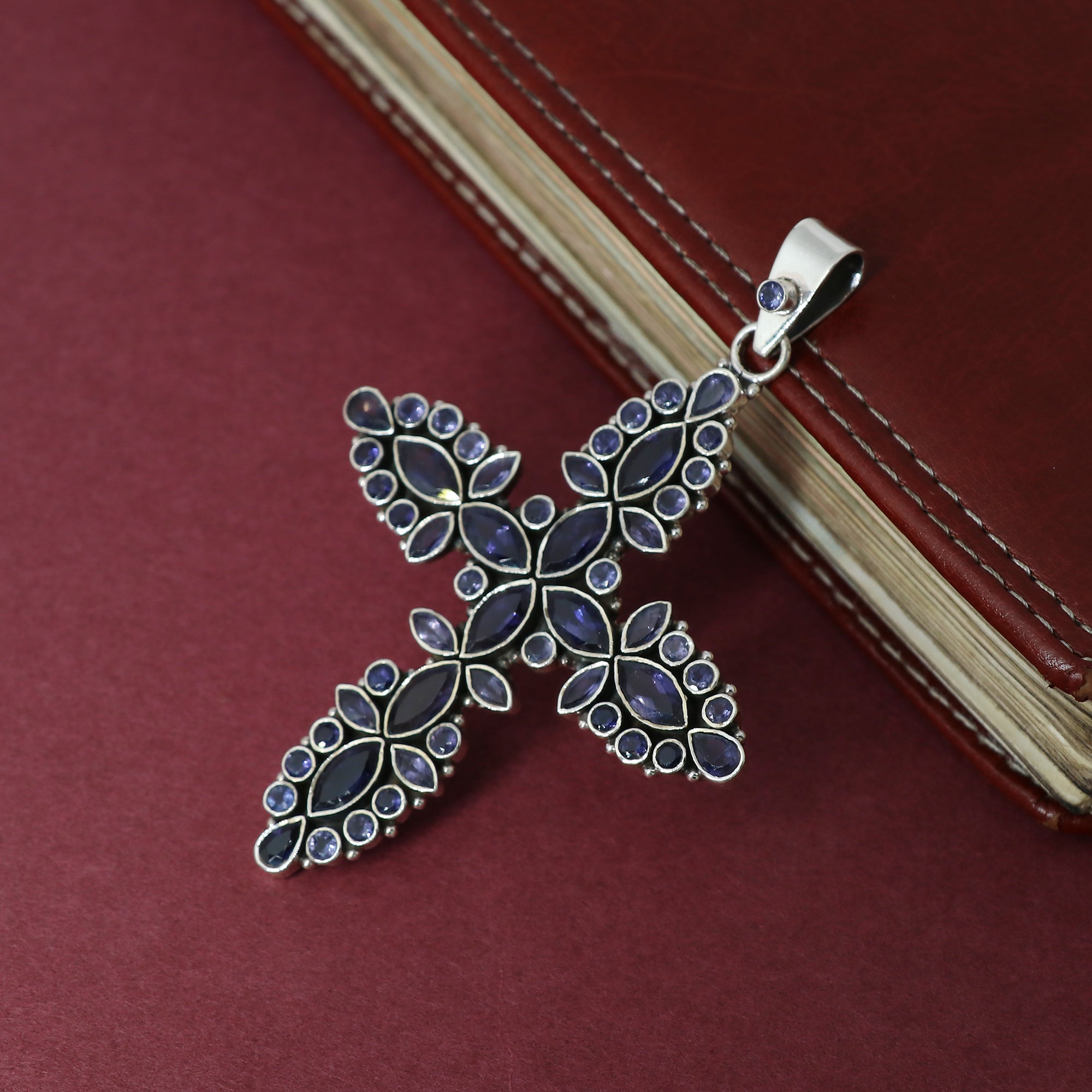 Designer Iolite Stone Cross Pendant