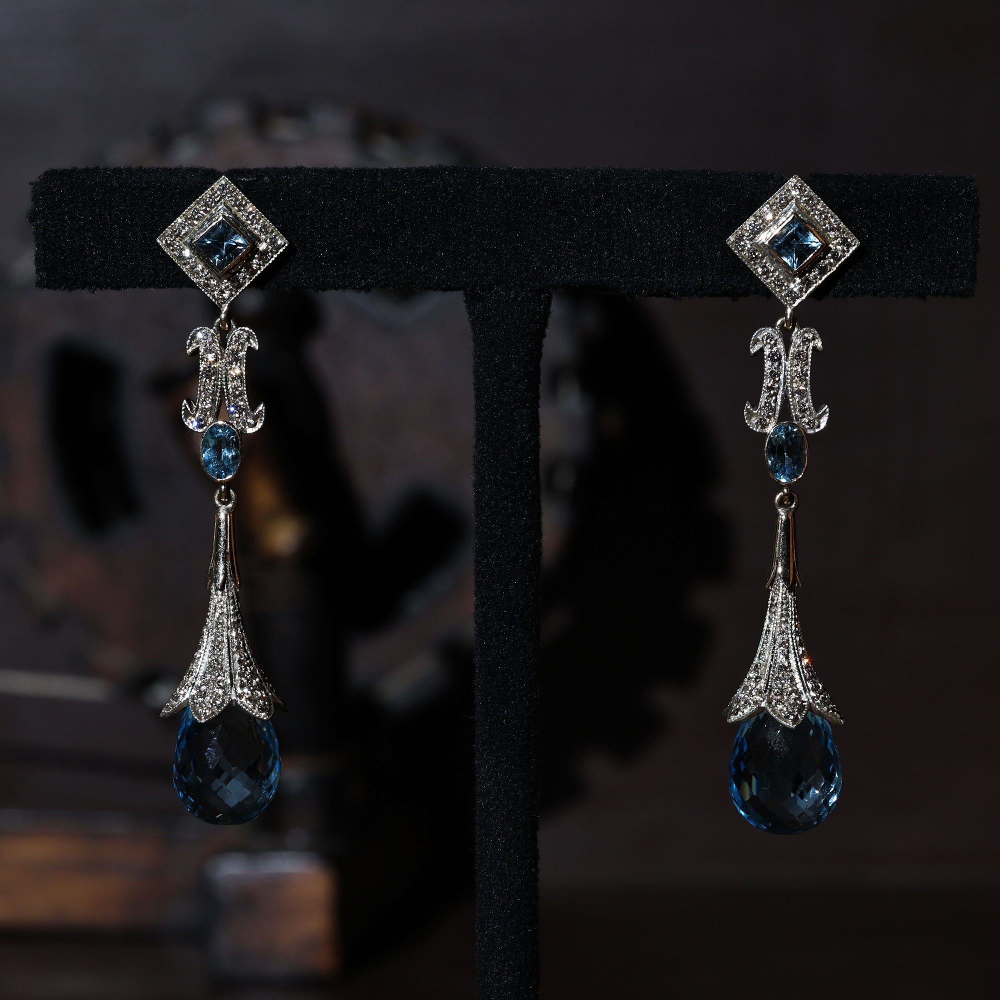 Grand Heirloom Blue Topaz & Diamond Stud Earrings