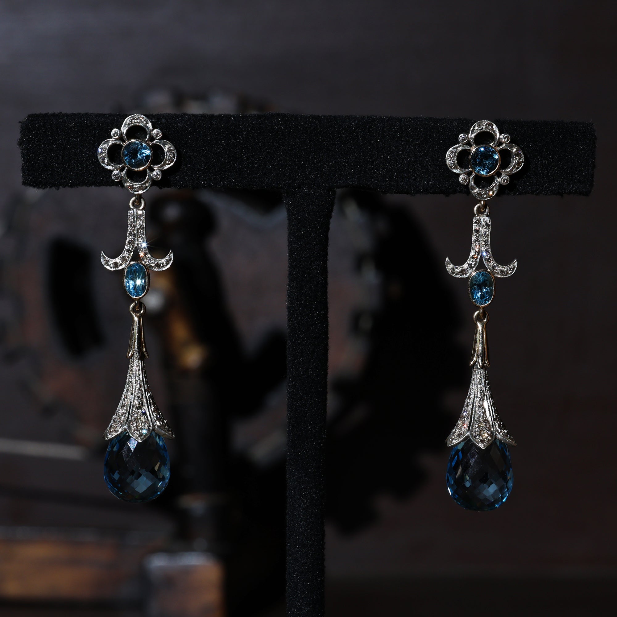 Victorian Crown Jewel Blue Topaz Sapphire & Diamond Earrings