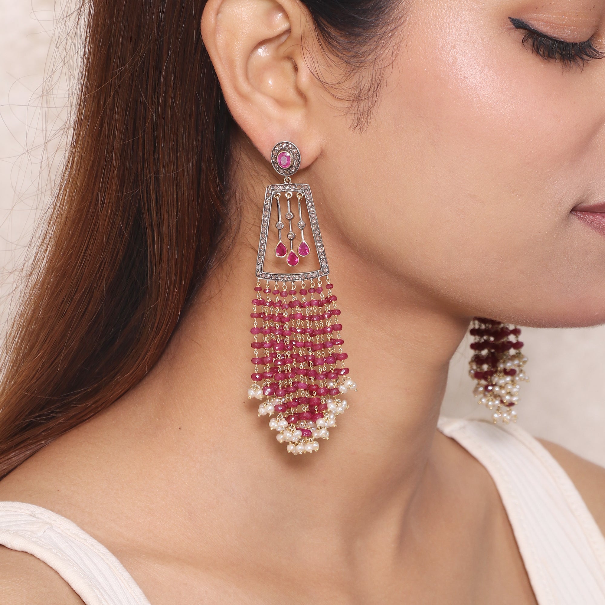 Victorian Rose Ruby & Diamond Beaded Earrings