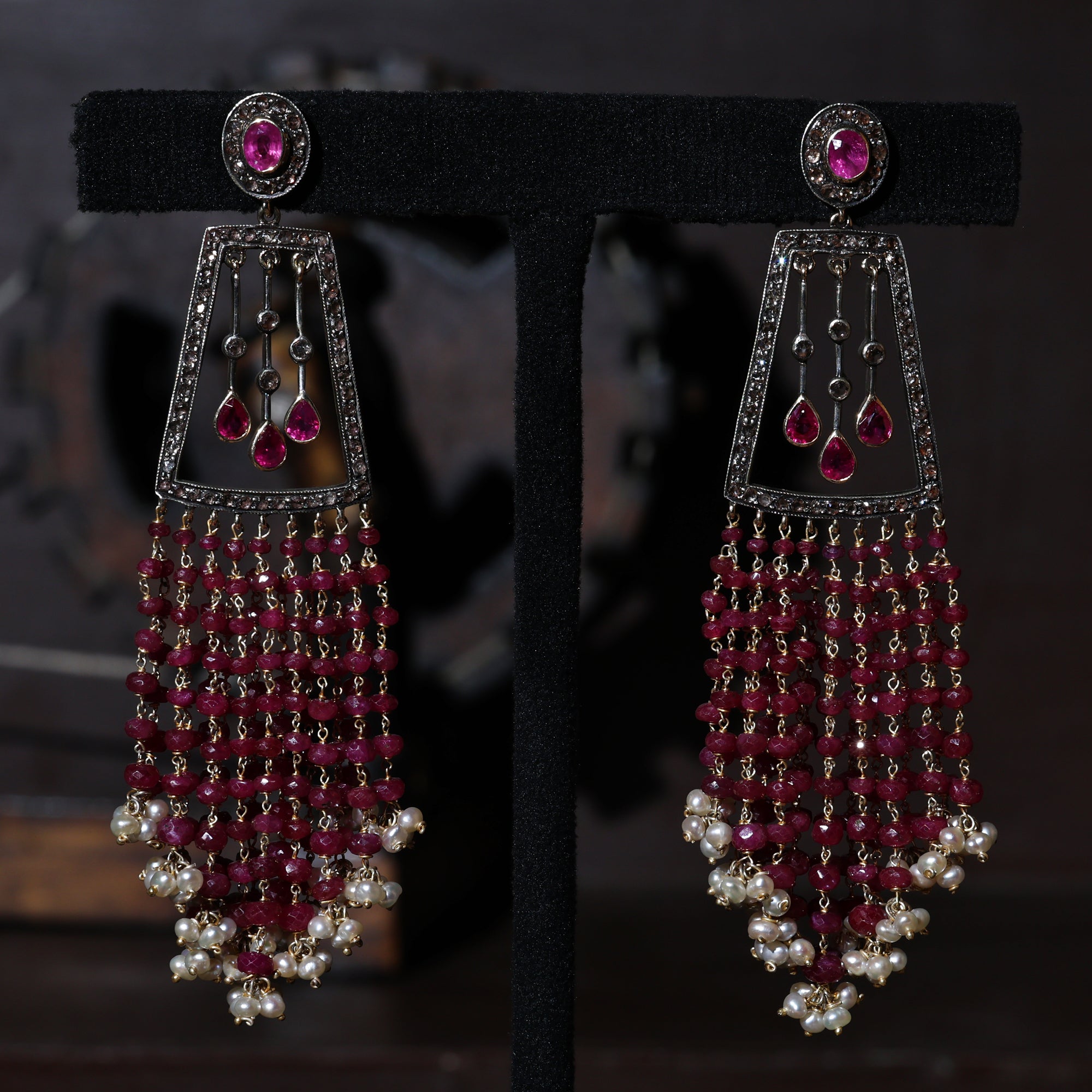 Victorian Rose Ruby & Diamond Beaded Earrings