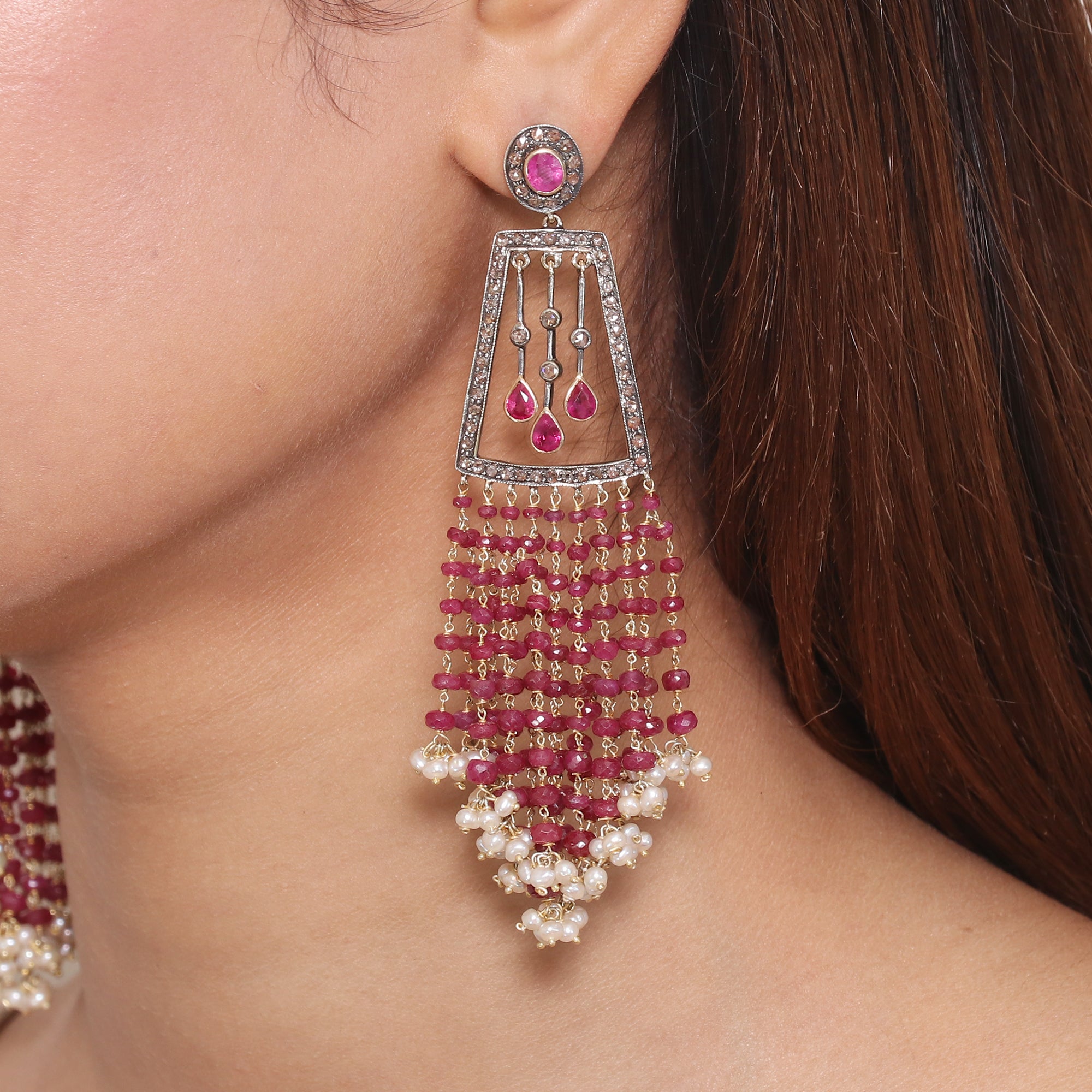 Victorian Rose Ruby & Diamond Beaded Earrings